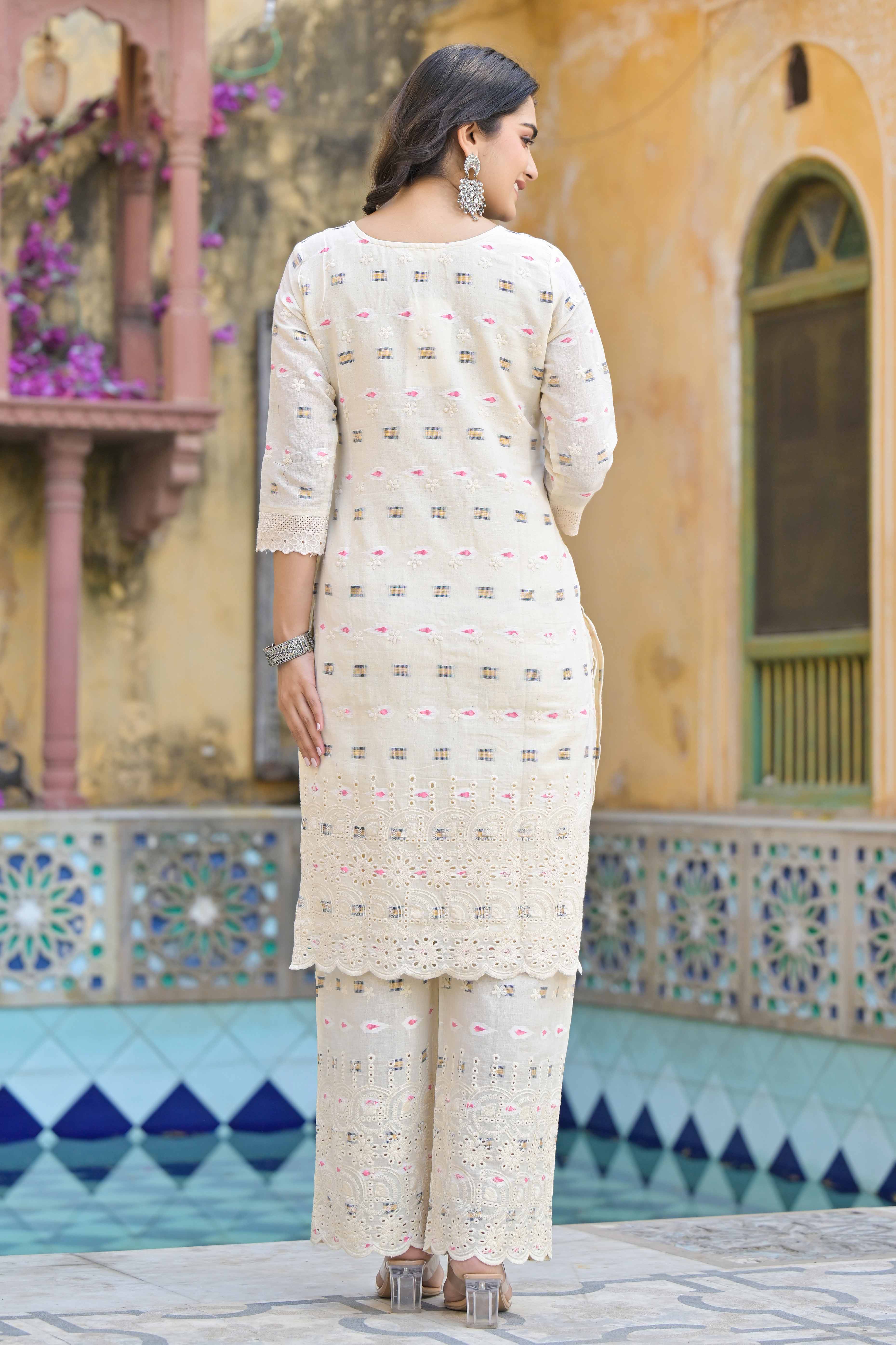Off White Schiffli Work Embroidered Pure Cotton Salwar Suit
