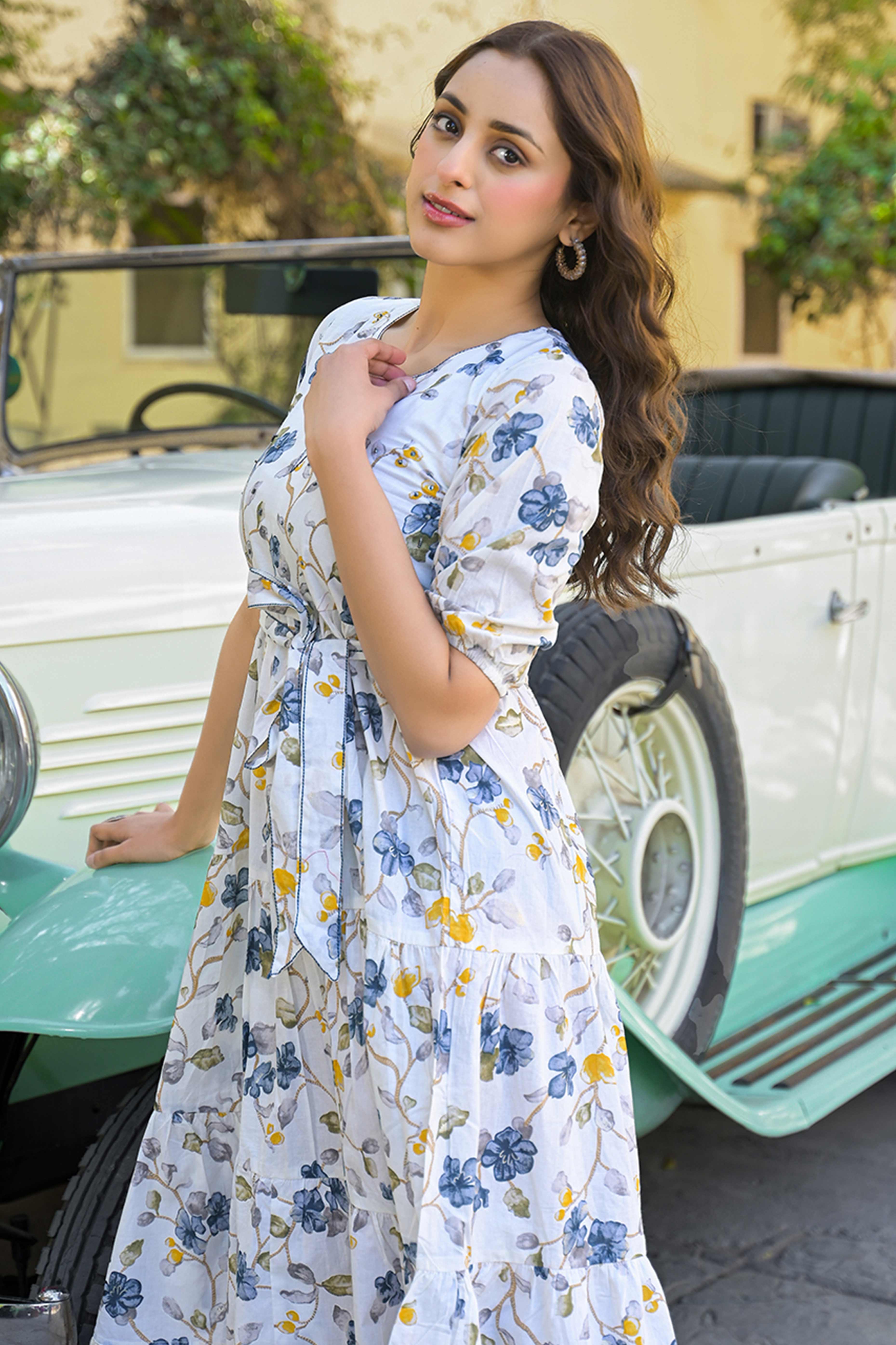 Grey Floral Printed Pure Cotton Maxi Dress