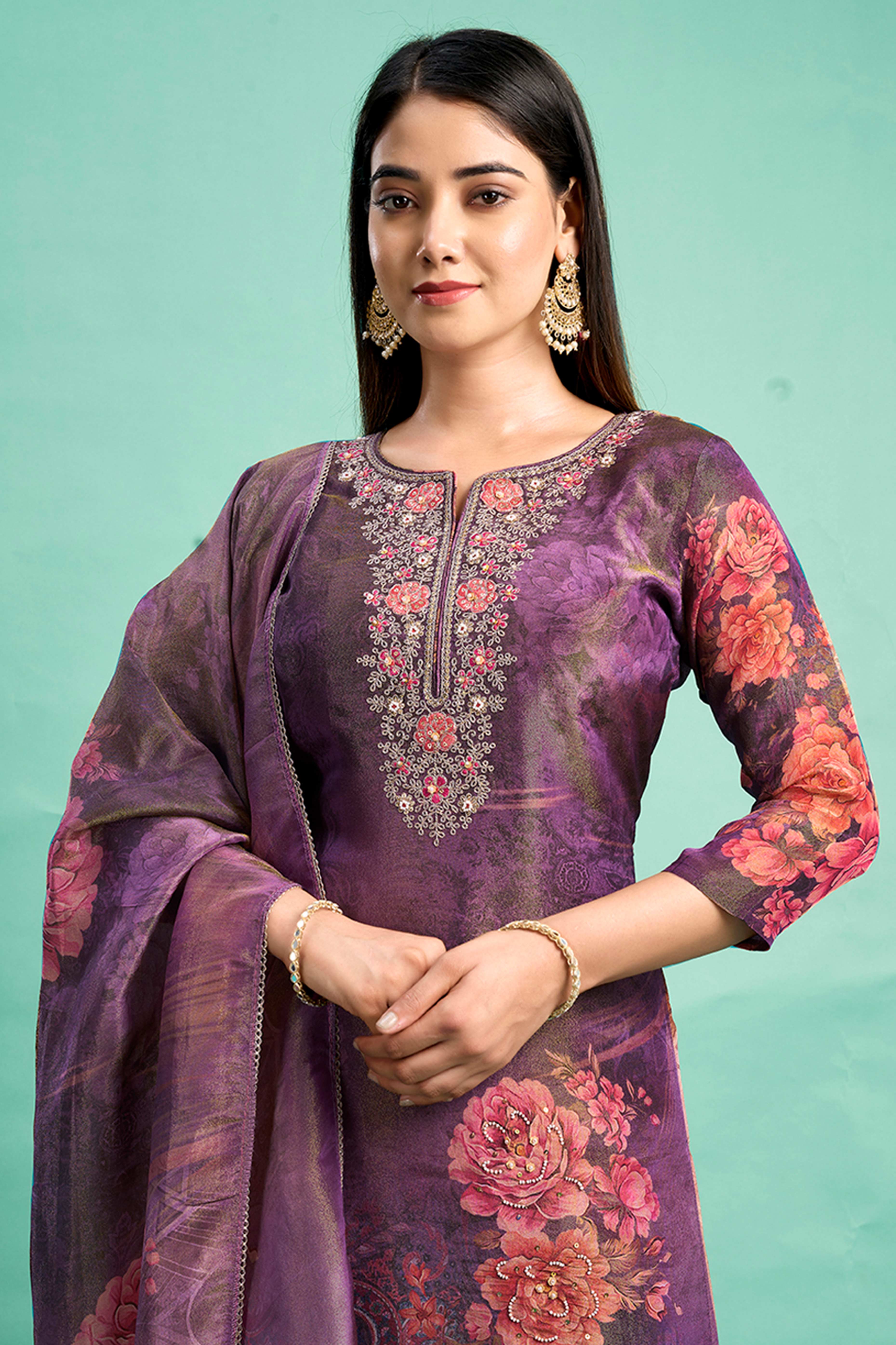 Purple Bandhani Printed With Embroidery Work Pure Viscose Salwar Suit