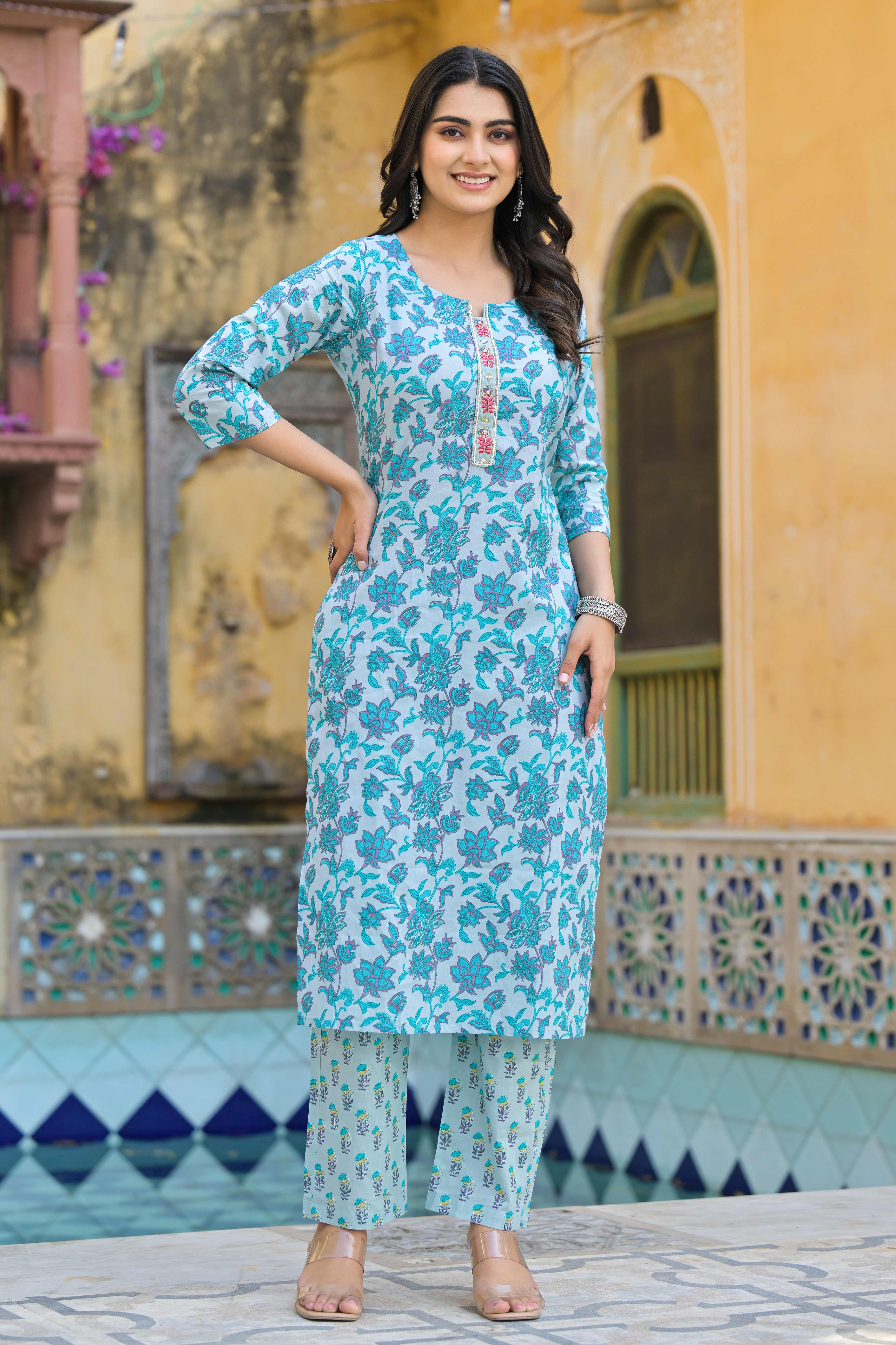 Turquoise Floral Printed Pure Cotton Straight Salwar Suit