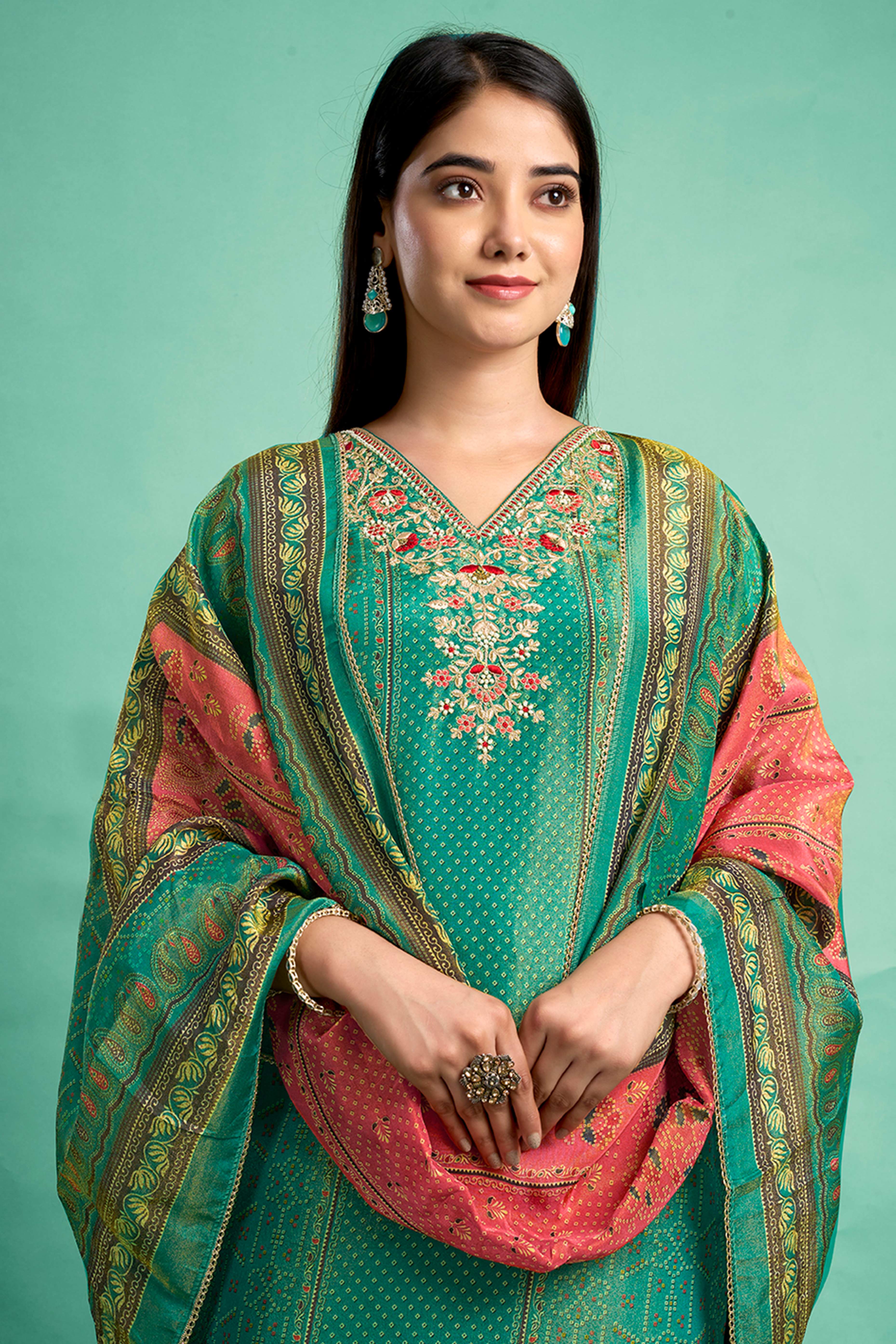 Bottle Green Bandhani Printed With Embroidery Work Pure Viscose Salwar Suit