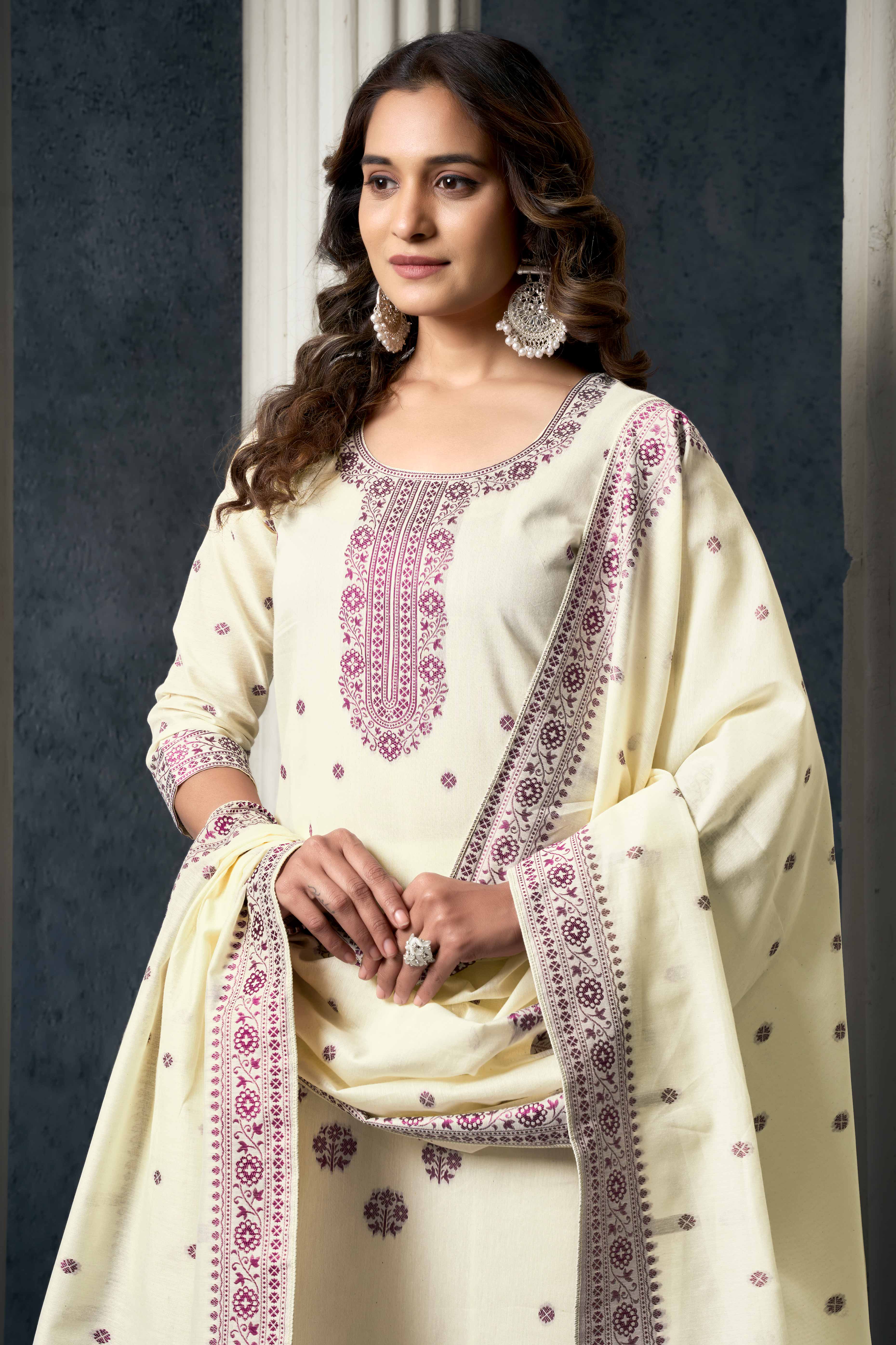 Off White & Wine Jacquard Weaving Pure Cotton Straight Salwar Suit