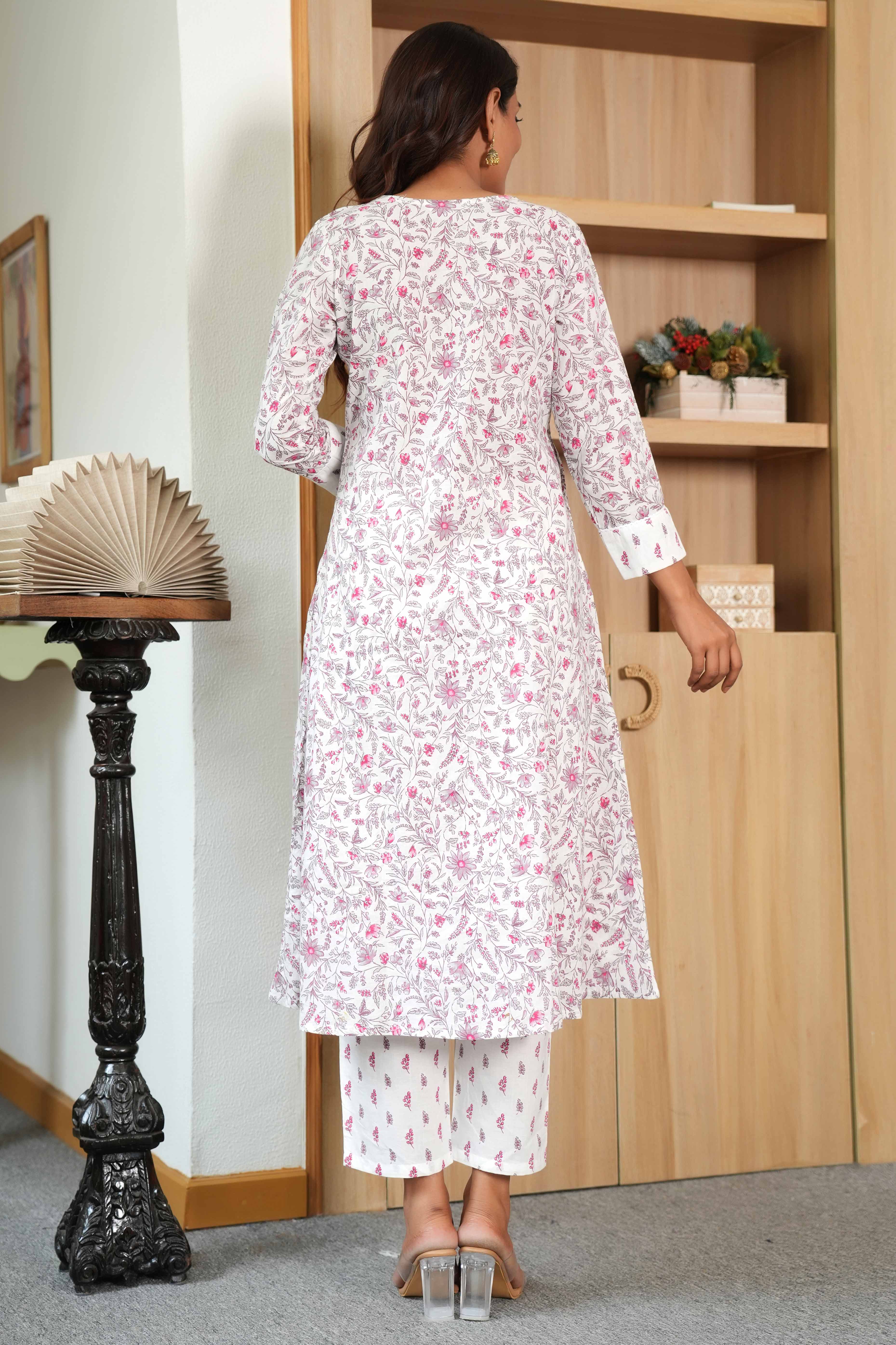 White A-Line Suit in Pure Cotton Featuring Subtle Floral Patterns