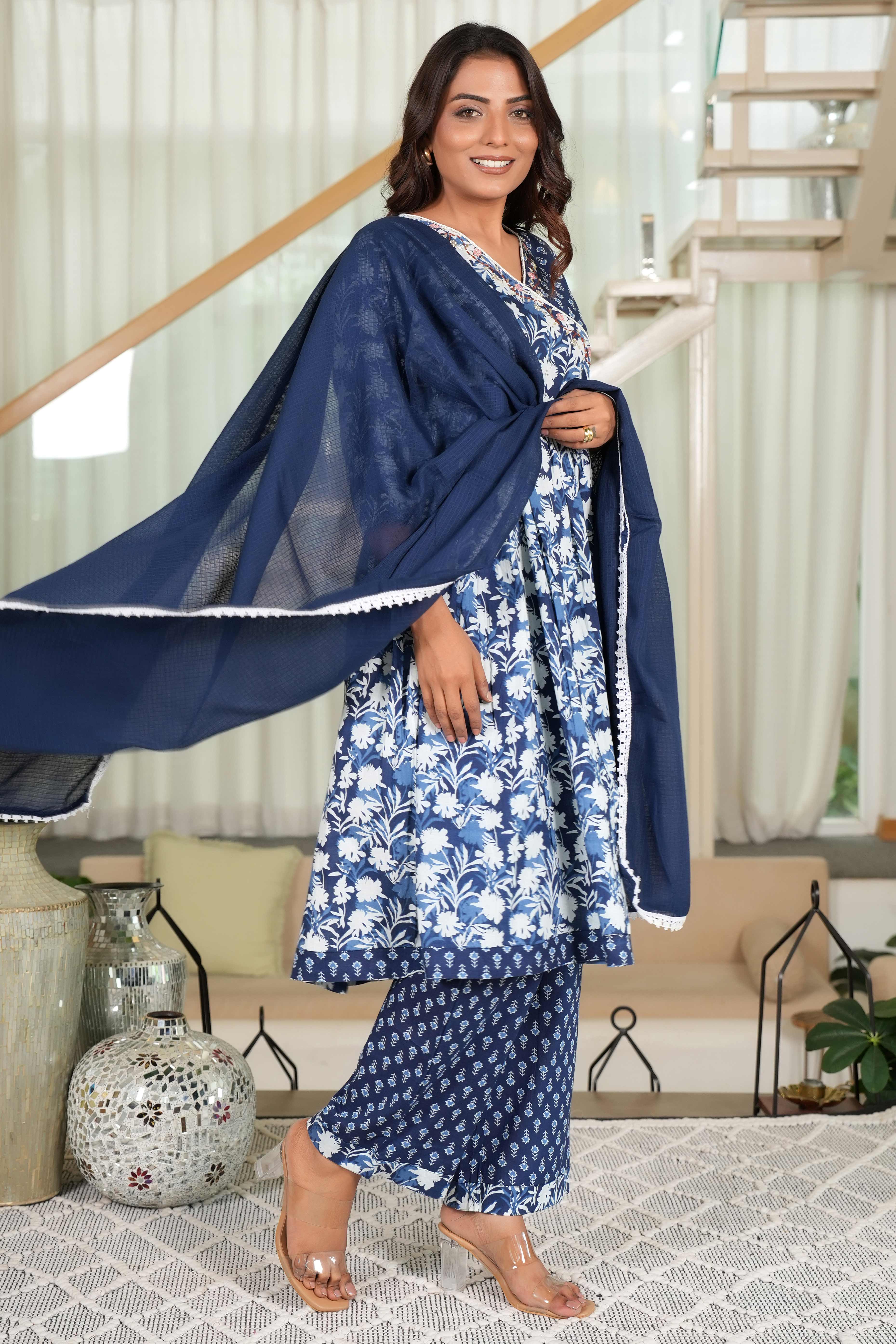Dark Blue Anarkali Salwar Suit Featuring Floral Prints on Pure Cotton