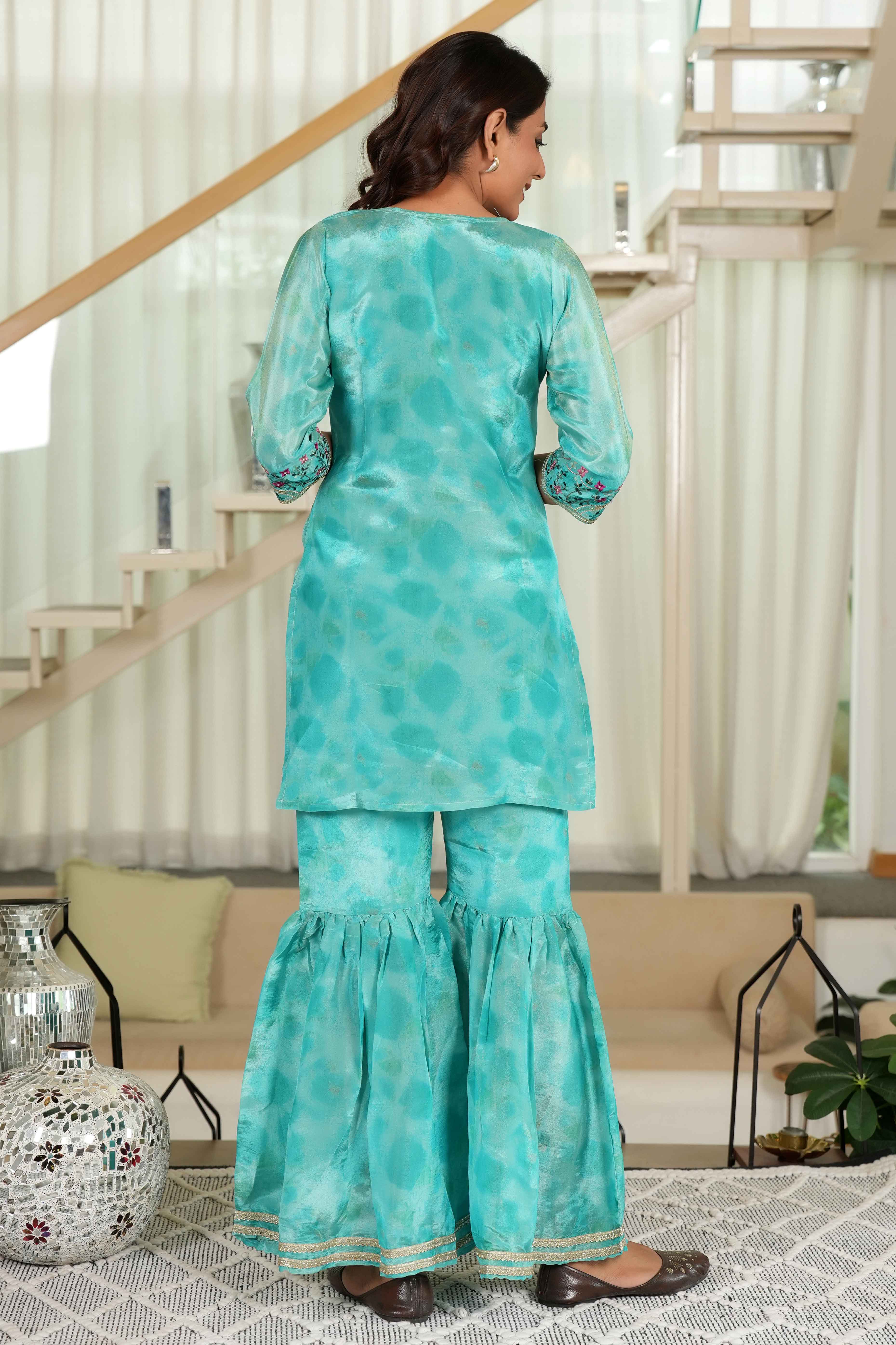 Turquoise Embroidered Organza Sharara Set with Delicate Floral Sequins
