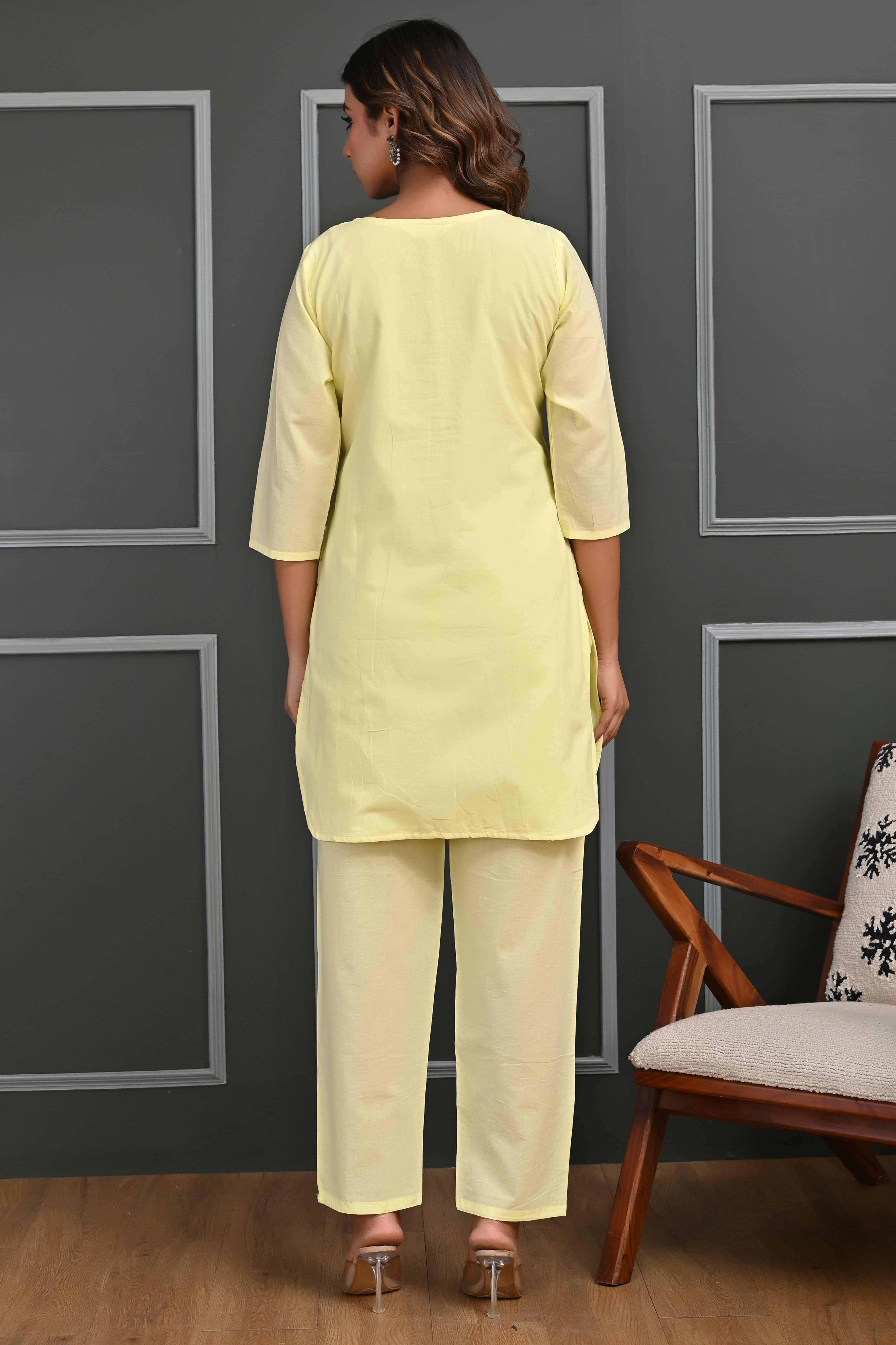 Radiant Yellow Floral Embroidered Co-Ord Set in Breathable Cotton for Stylish Comfort