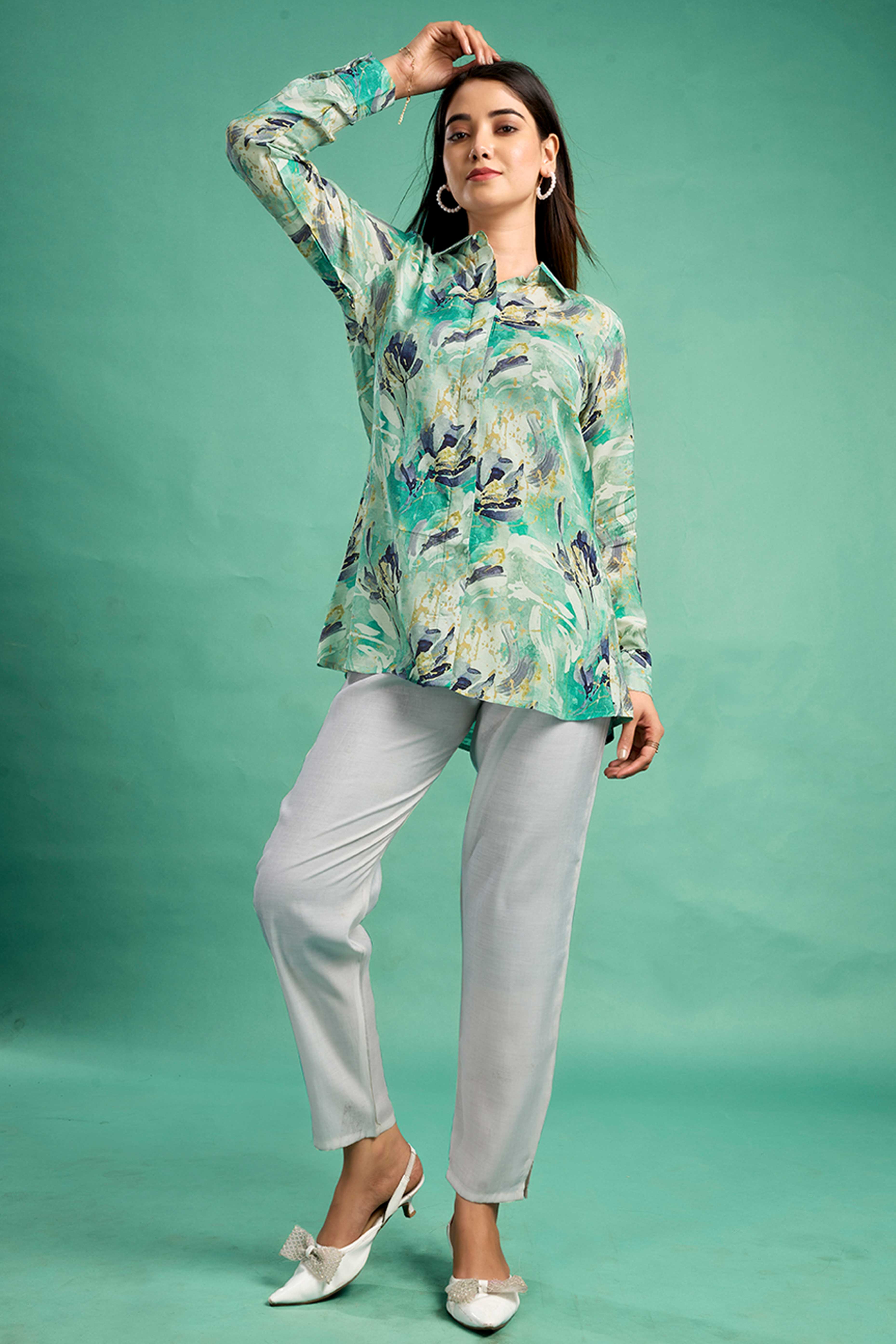 Sea Green Floral Printed Muslin Straight Top