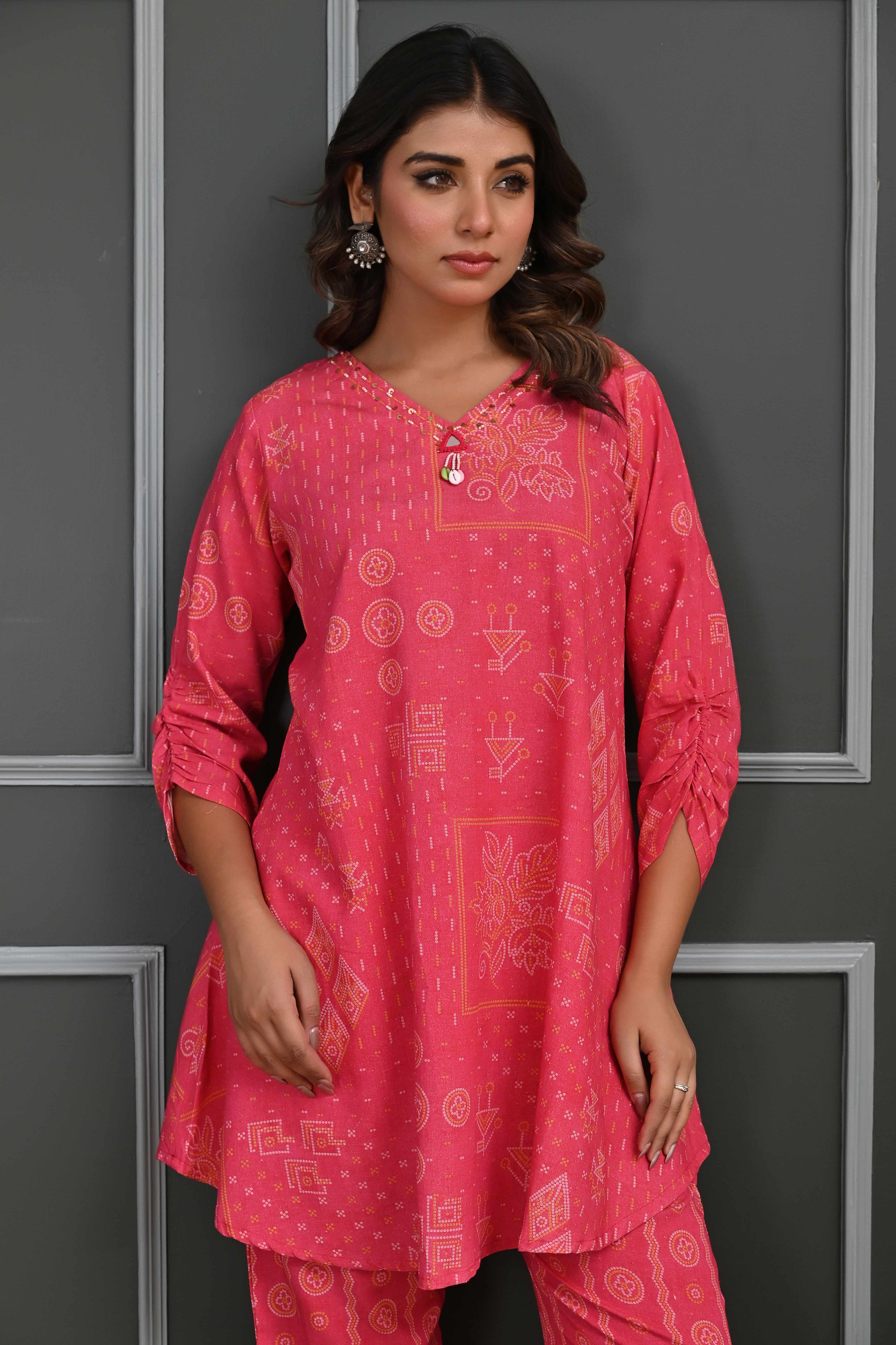 Festive-Ready Rani Pink Bandhani Printed Cotton Flex Straight Fit Co-Ord Set