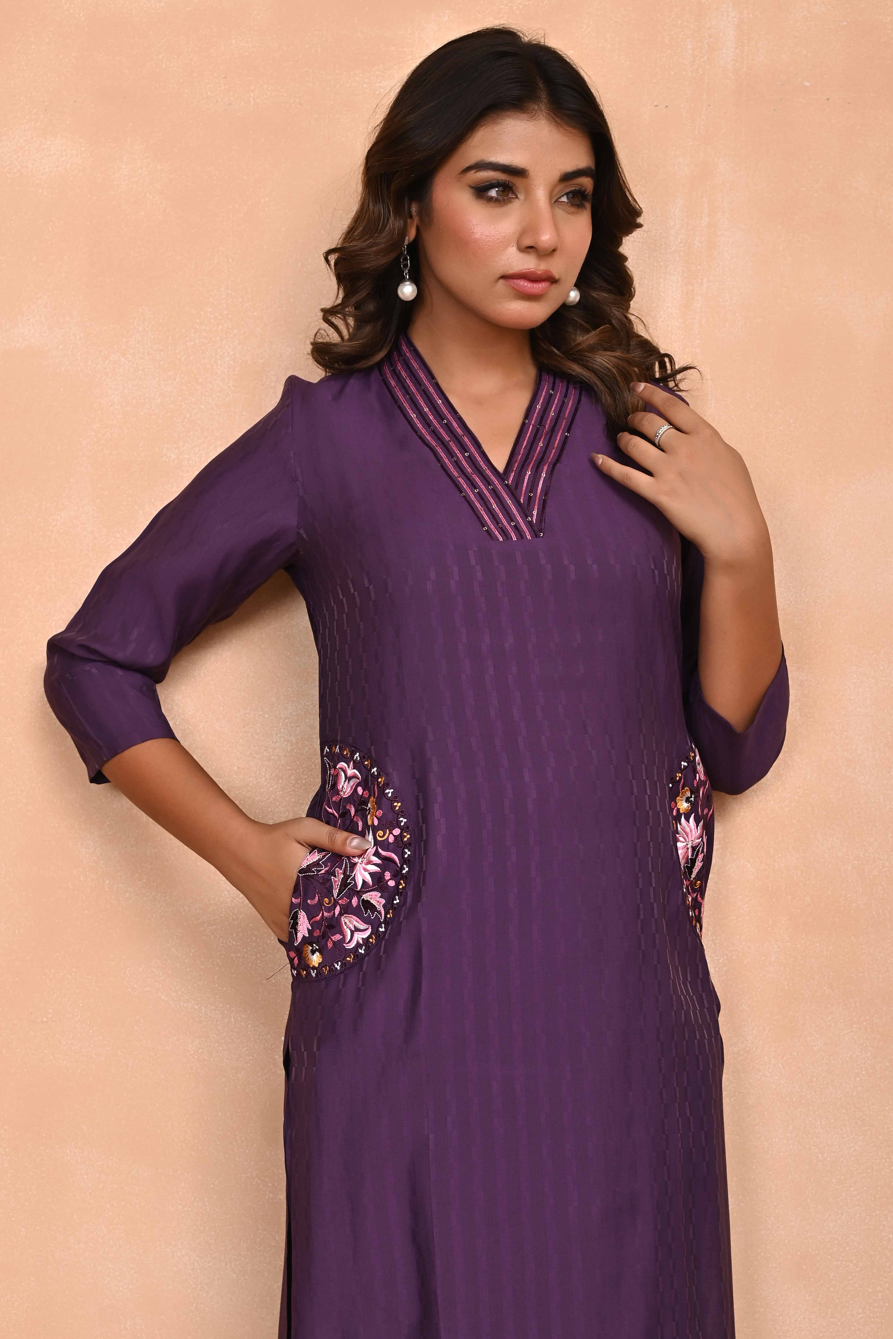 Elegant Wine Floral Straight Co-Ord Set In Poly Viscose With Sparkling Sequin Embroidery