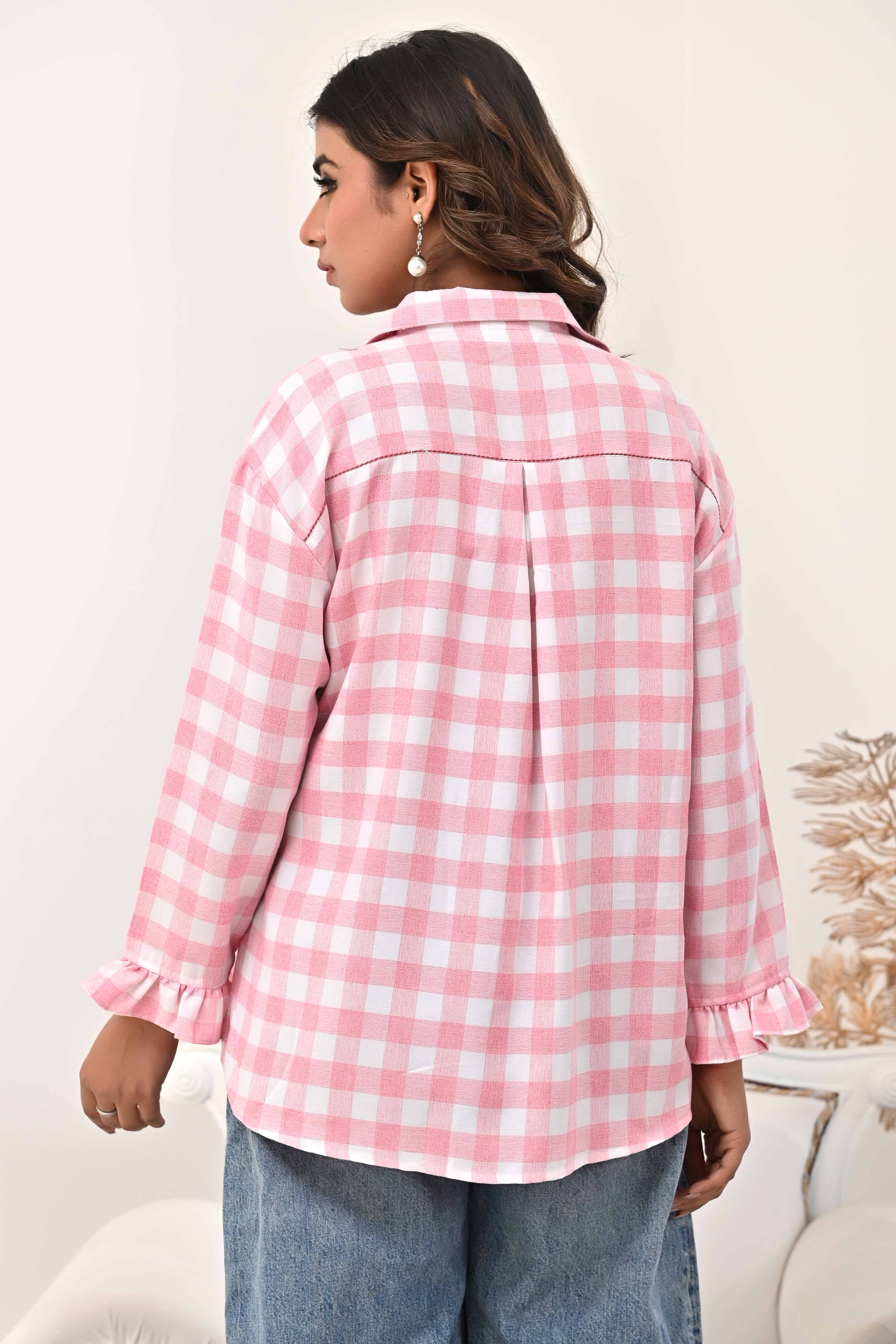 Pure Cotton Peach Top with All-Over Checks and Detailed Floral Embroidery