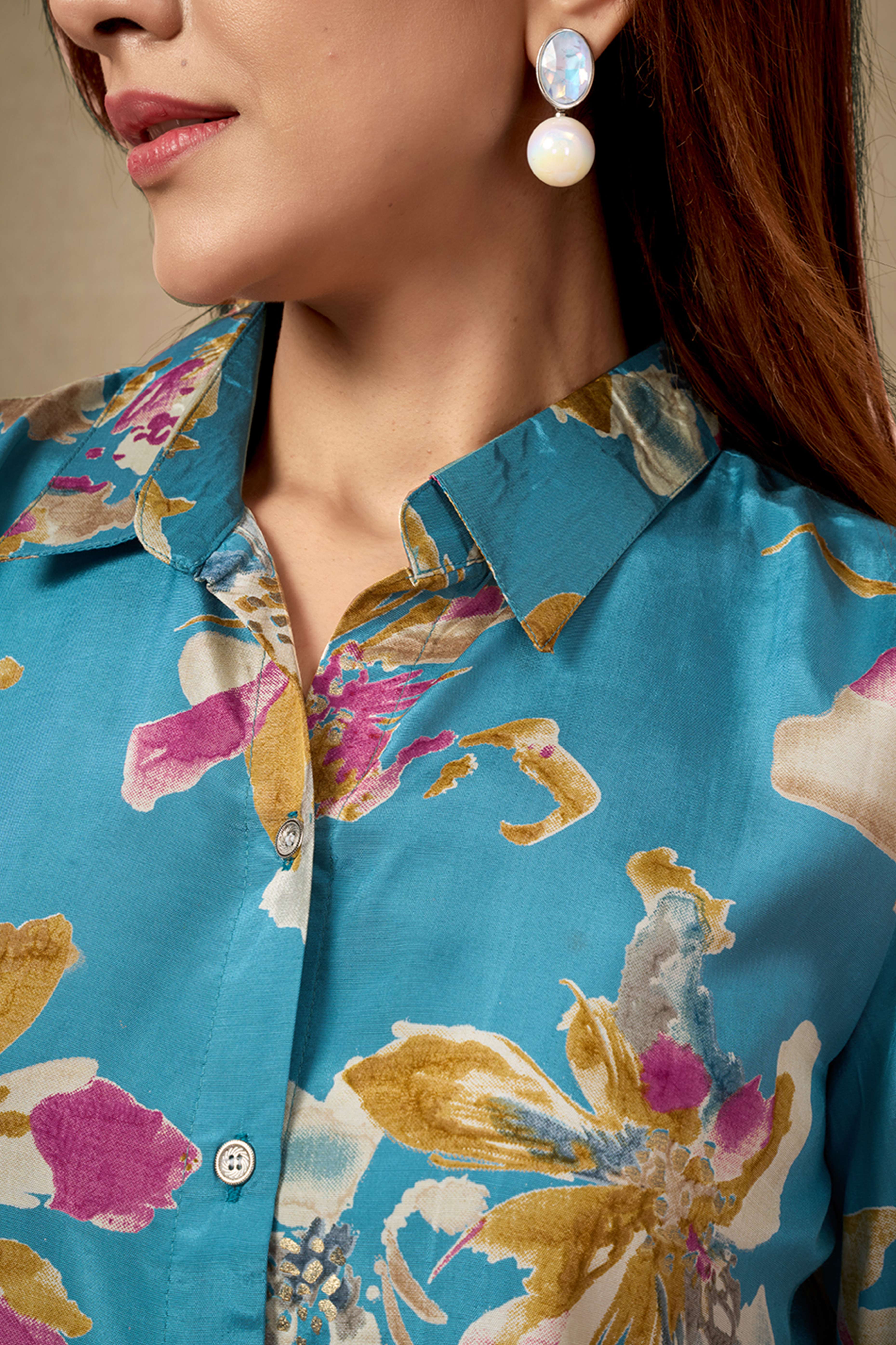 Turquoise Collar Neck Top in Lightweight Muslin with Delicate Floral Prints