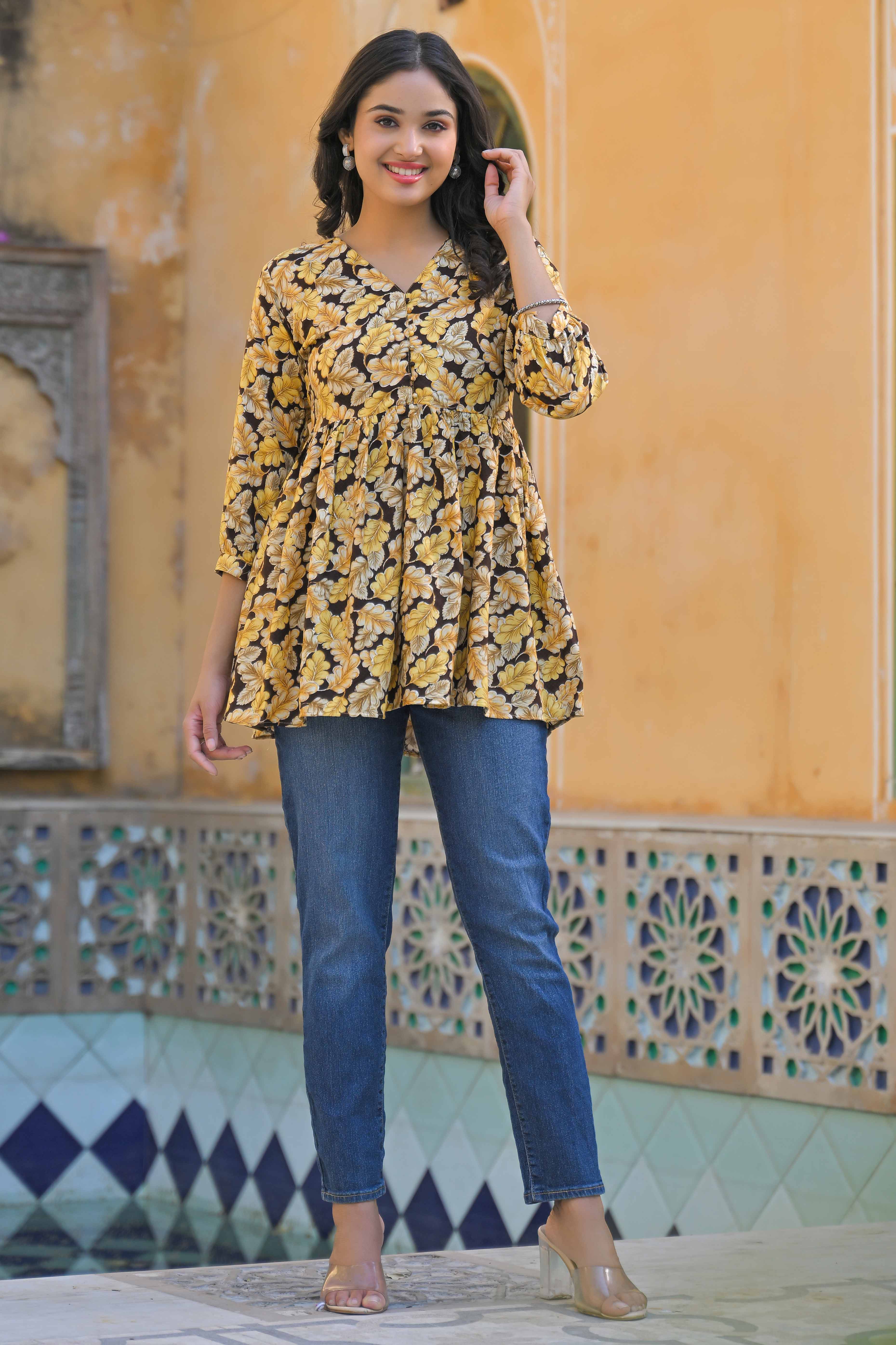 Brown Floral Printed Rayon A-Line Top