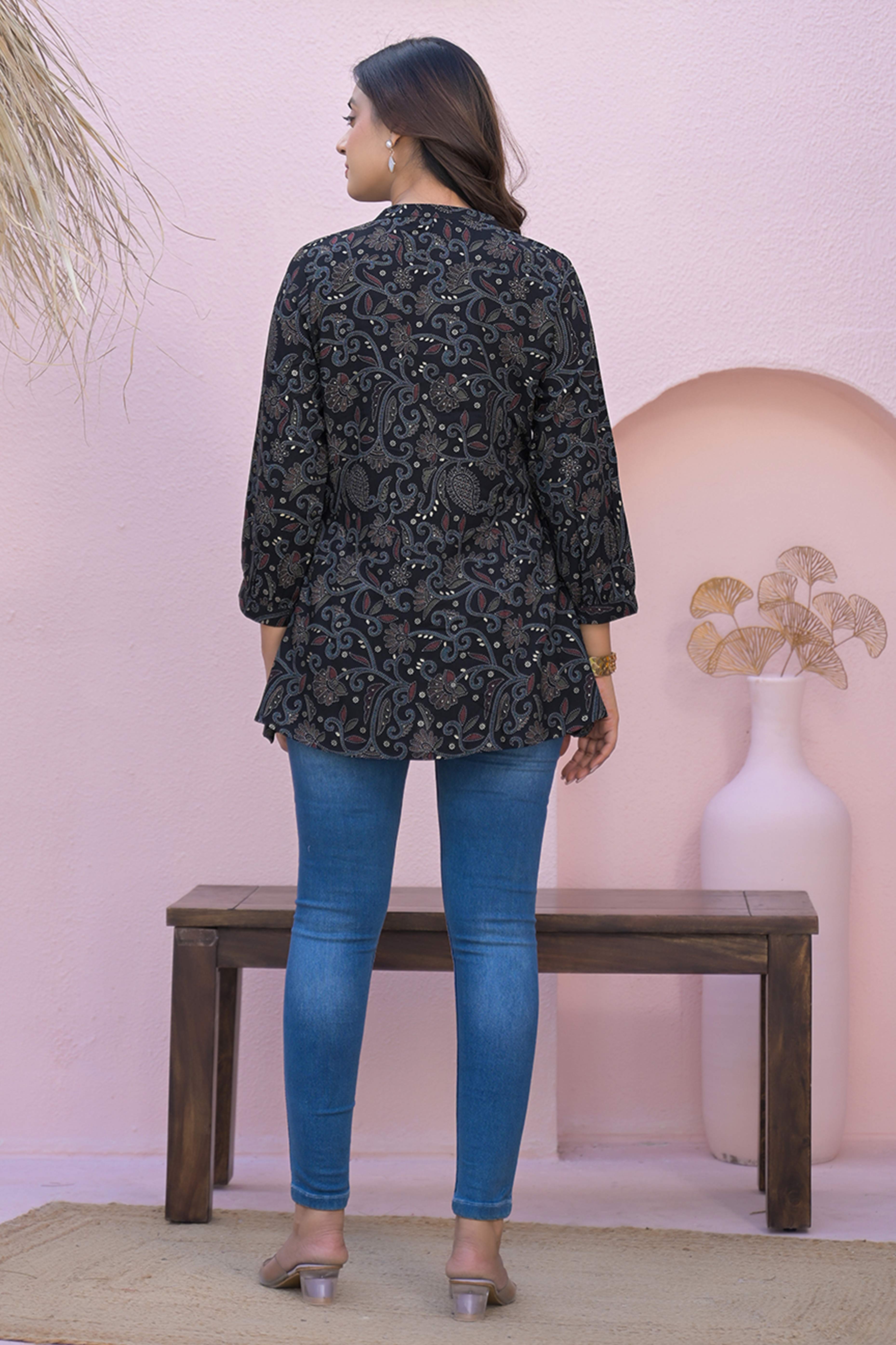 Black Rayon A-Line Top with Elegant Floral Foil Prints