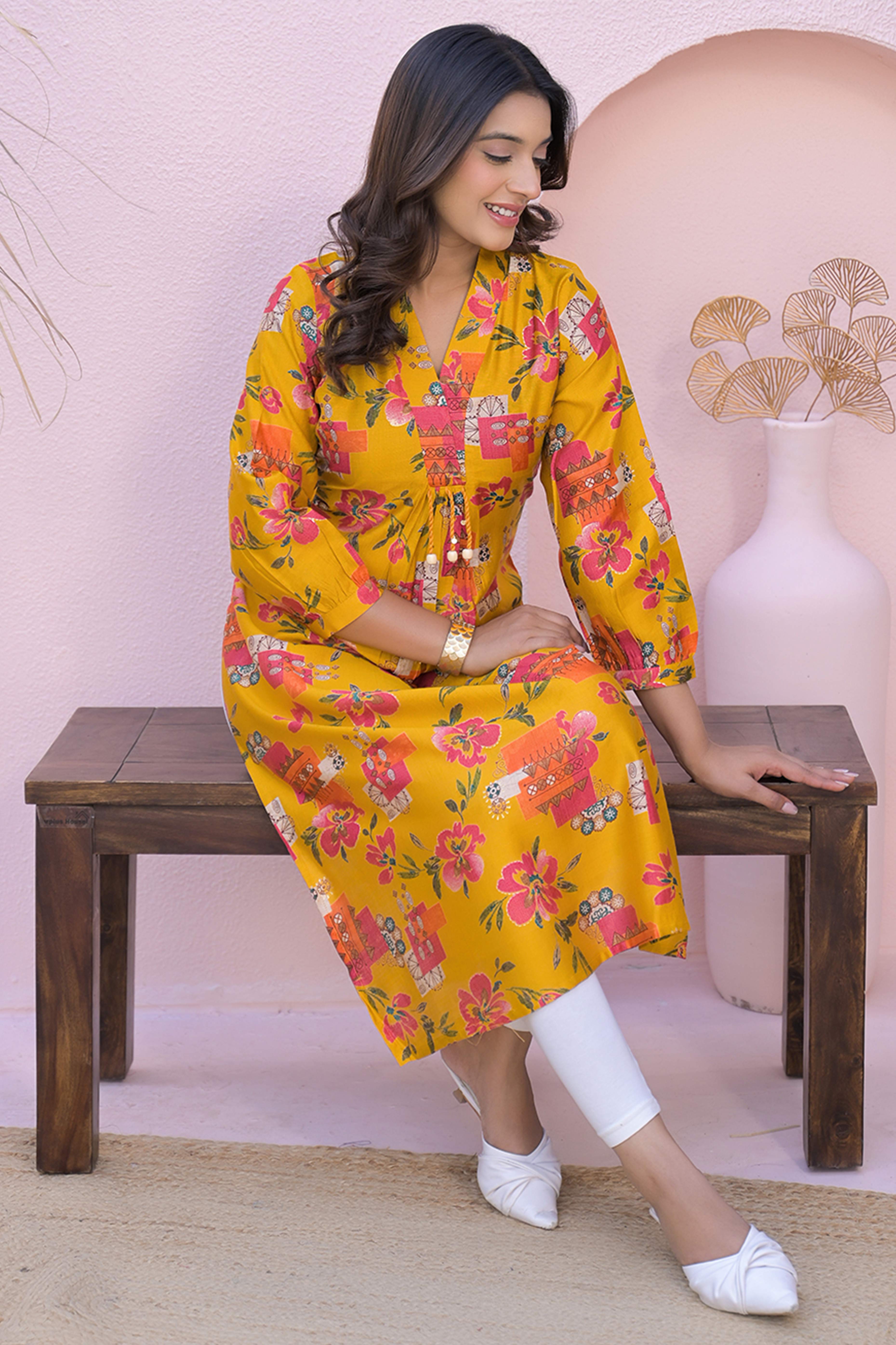 Mustard A-Line Kurti in Soft Viscose with Floral Design