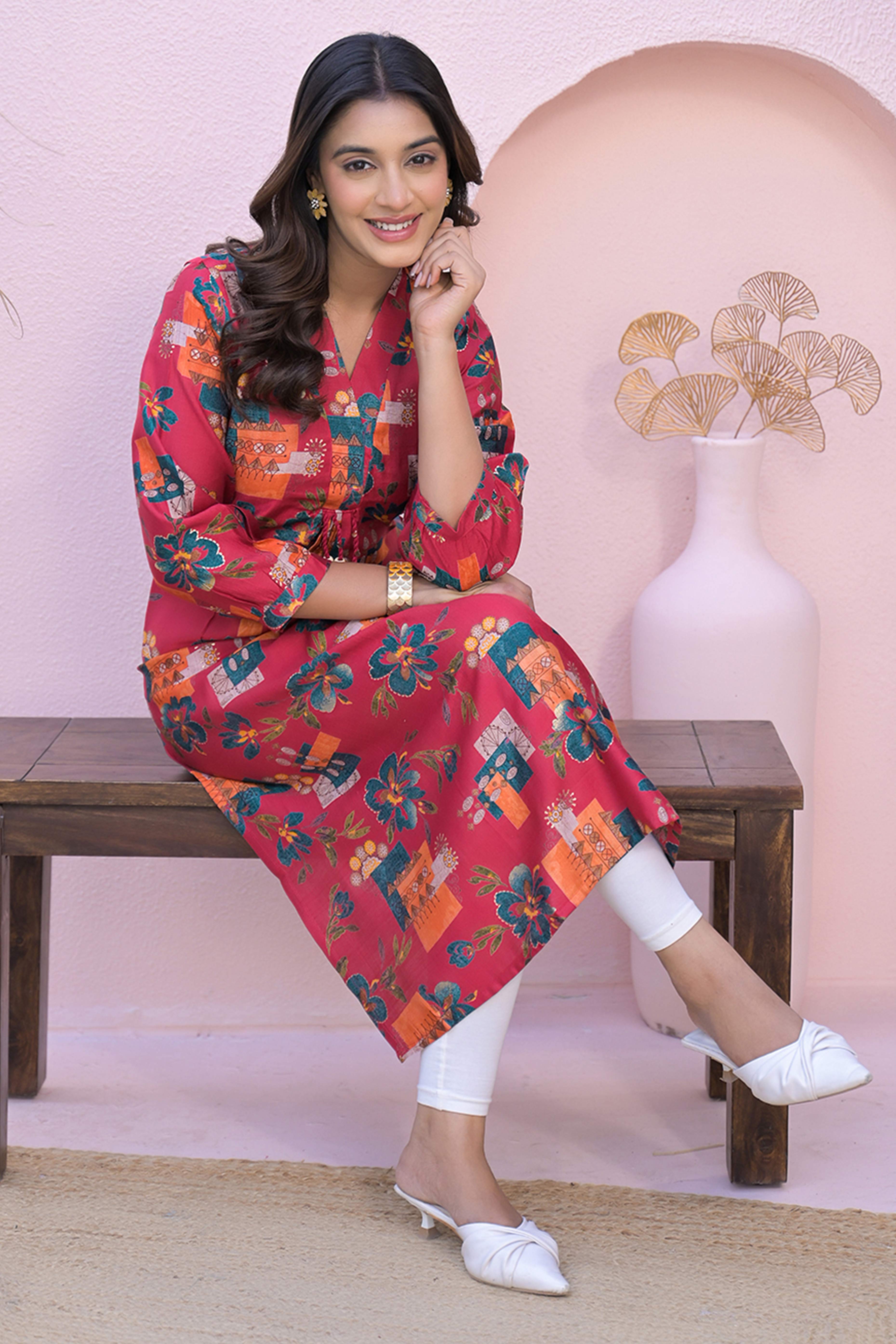 Pink A-Line Kurti in Soft Viscose with Floral Design