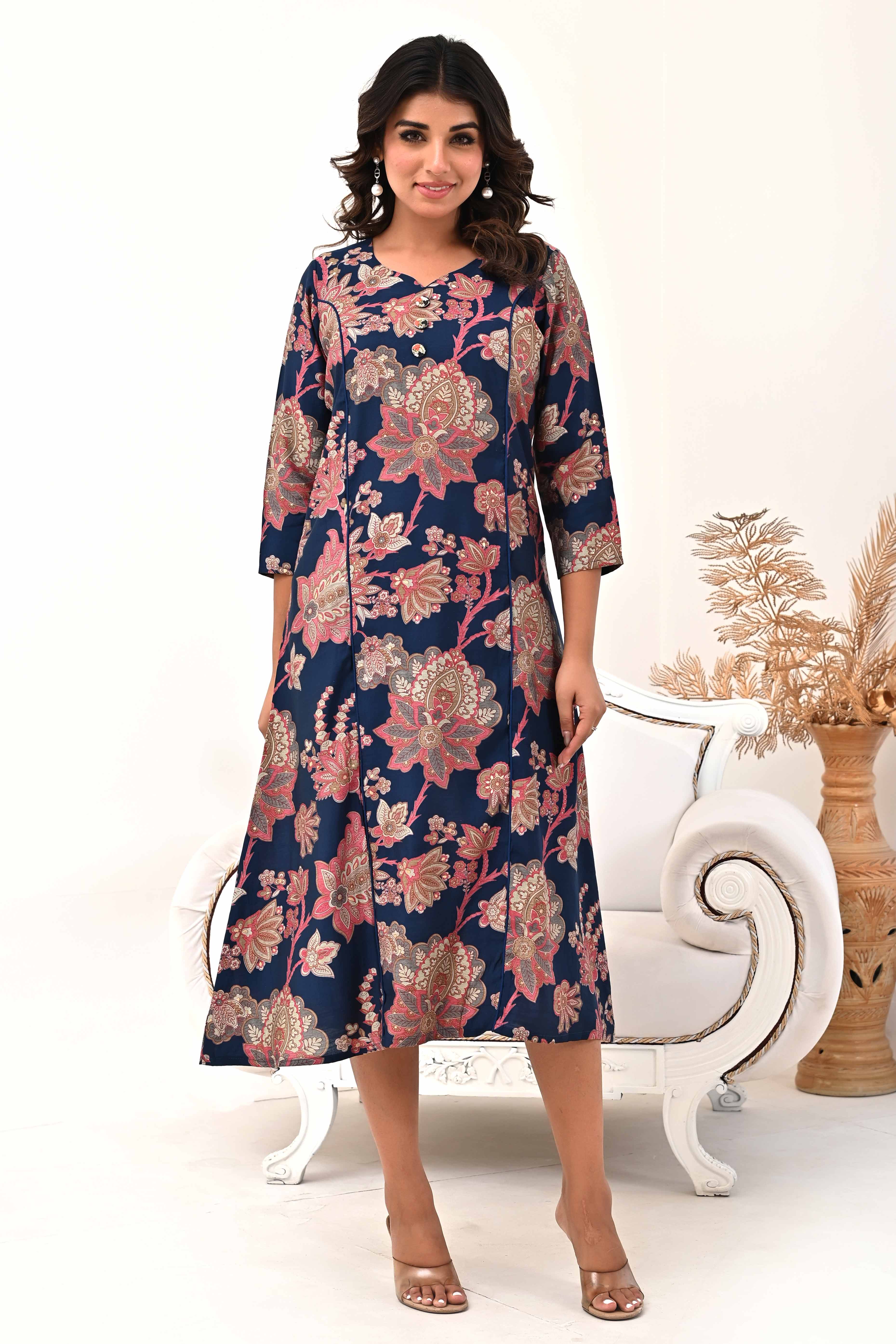 Navy Blue Chanderi Silk Kurti Dress with Artistic Floral Prints