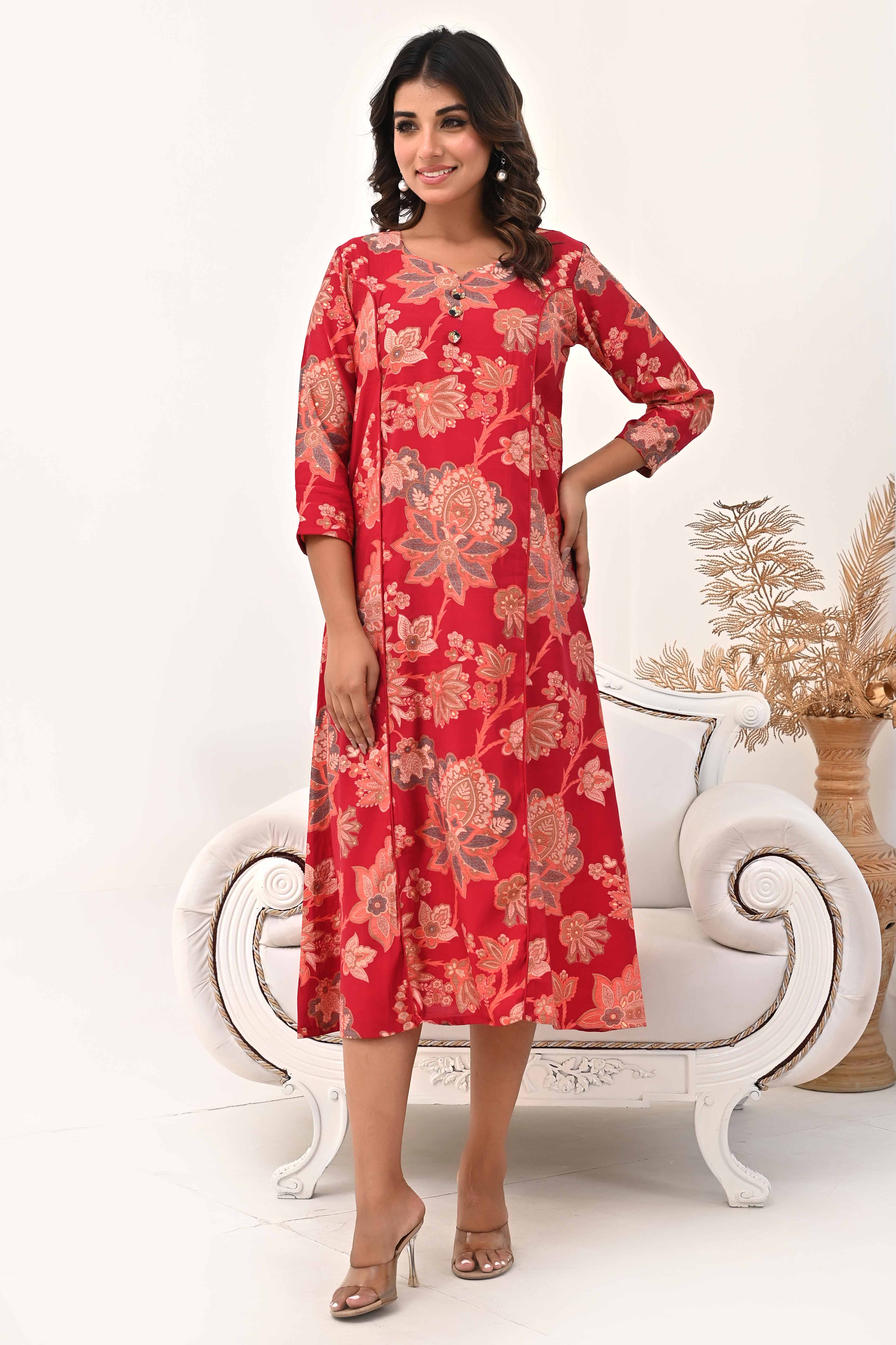 Red Chanderi Silk Kurti Dress with Artistic Floral Prints