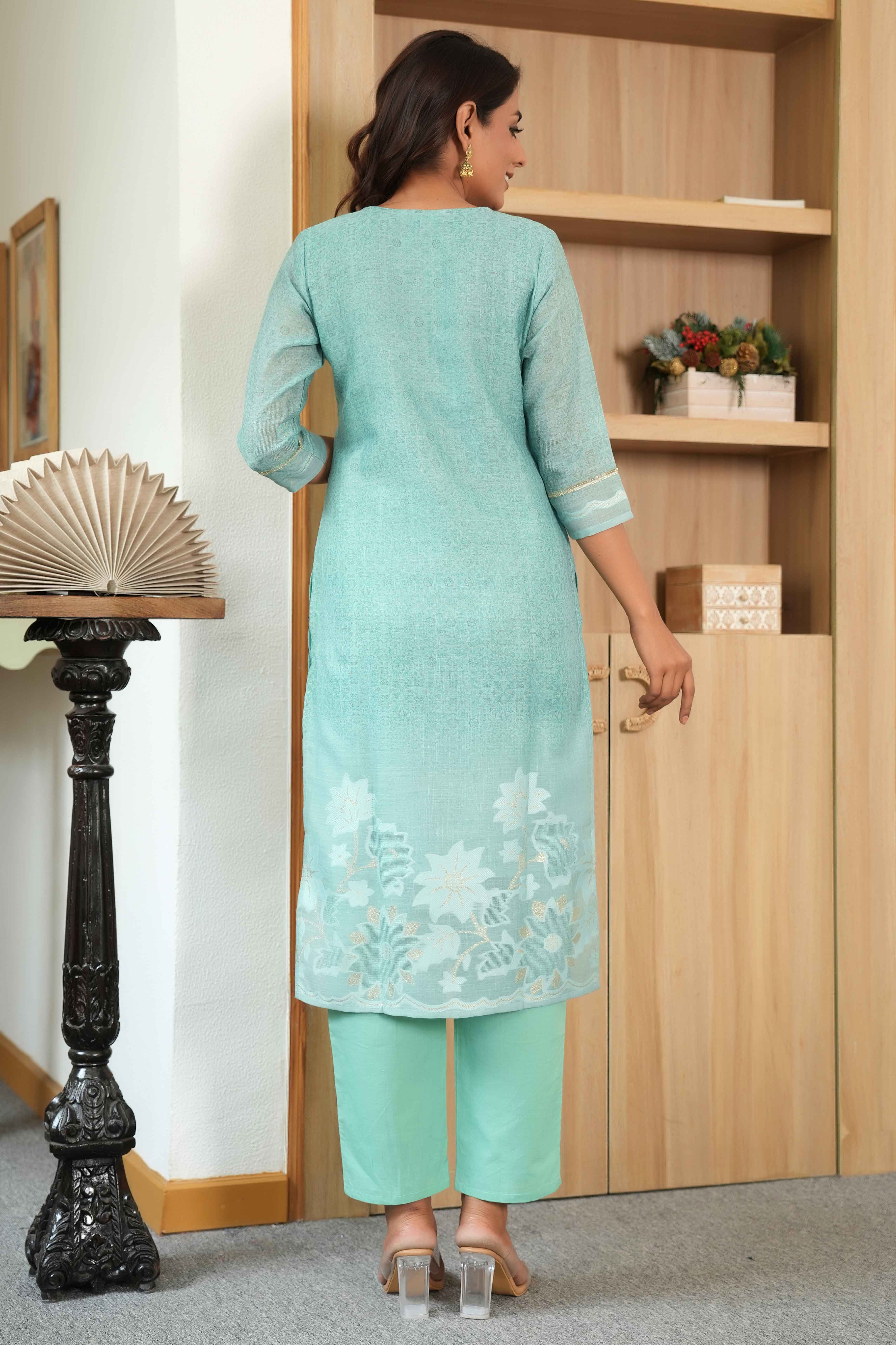 Light Green Printed Linen Jacquard Suit with Graceful Lace Work Detailing