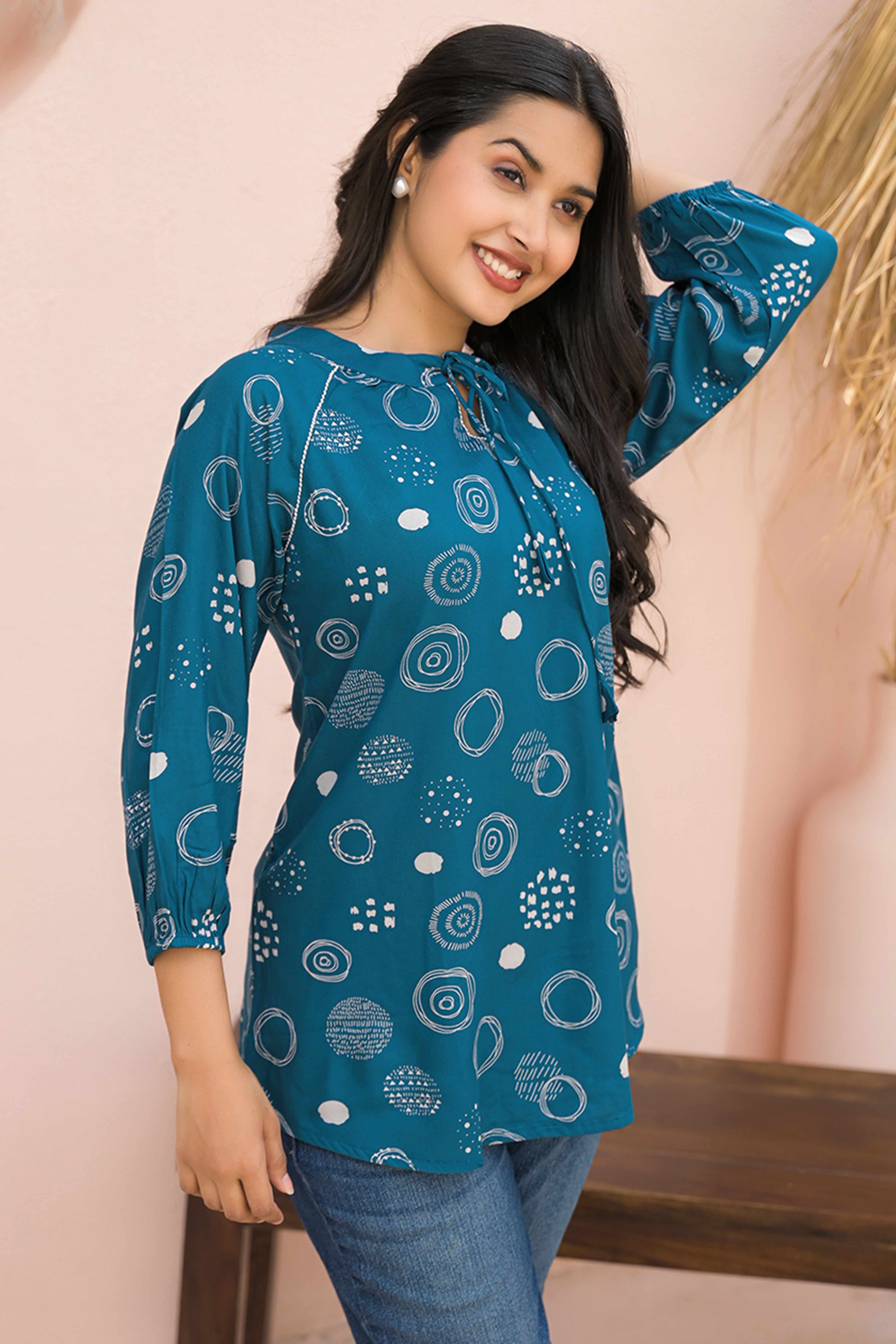Trendy Blue Straight-Cut Rayon Top with All-Over Print