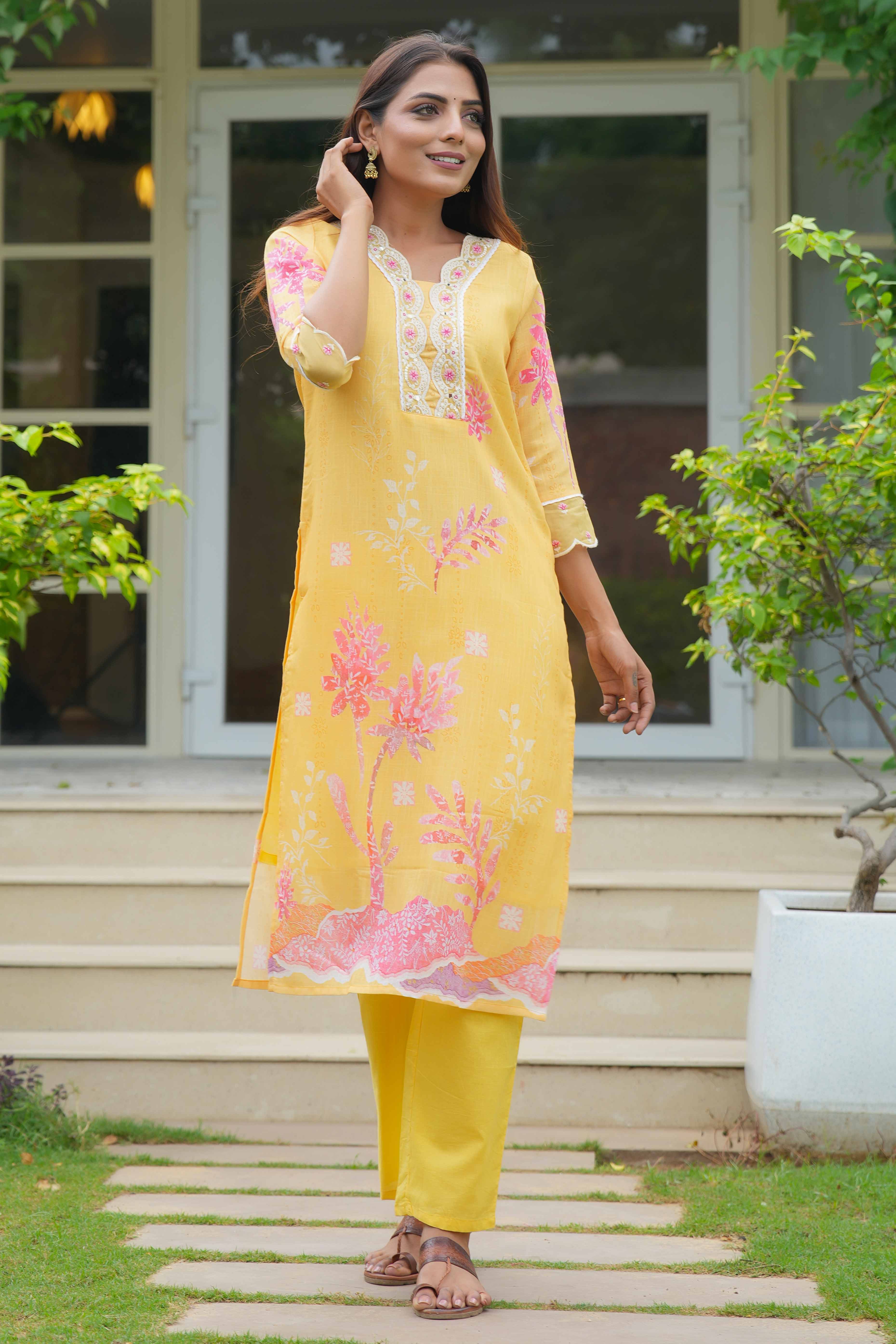 Yellow Floral With Lace Work One Neck Linen Salwar Suit