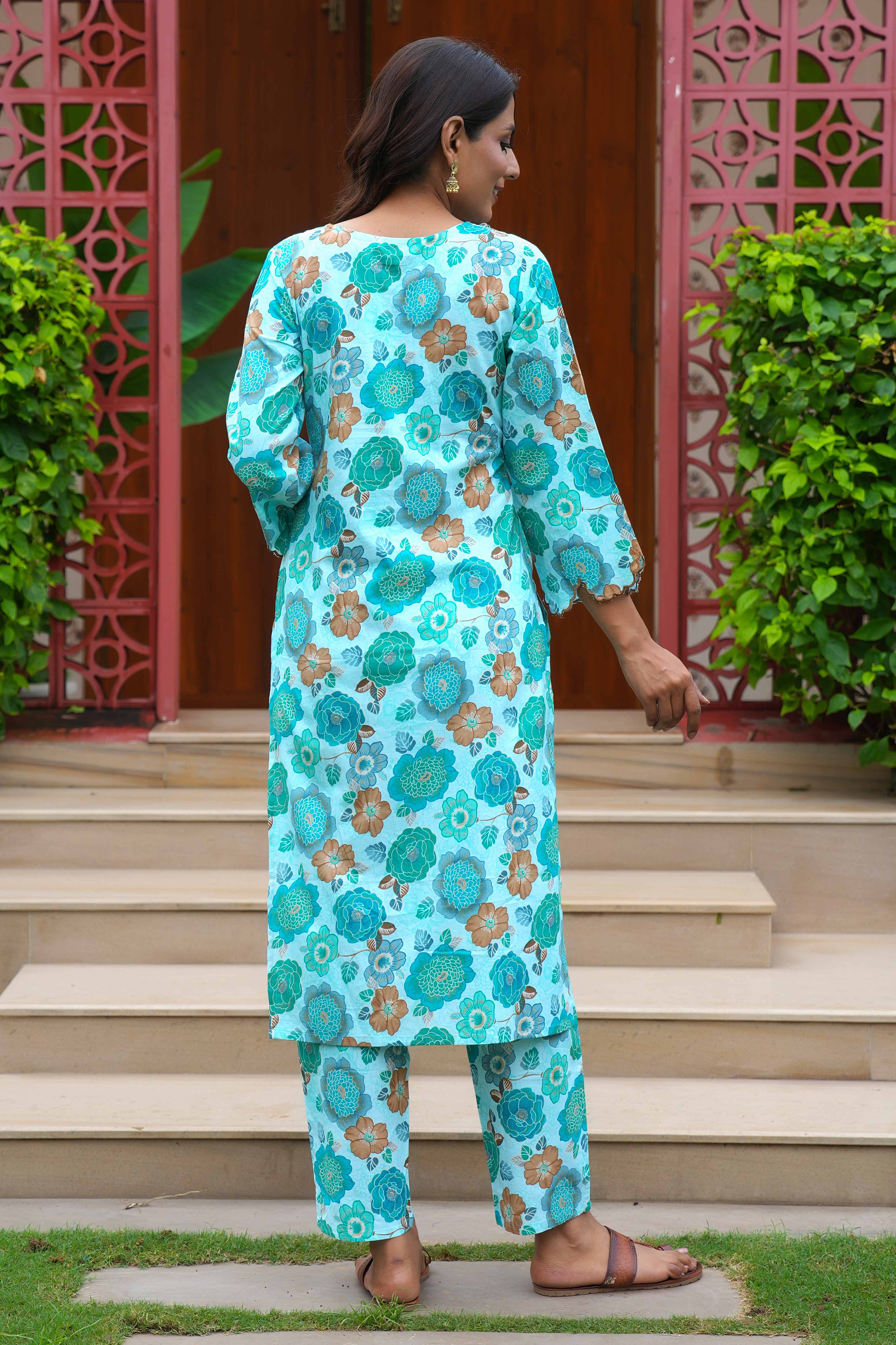 Turquoise Cotton Salwar Suit With Floral Print & Straight Fit