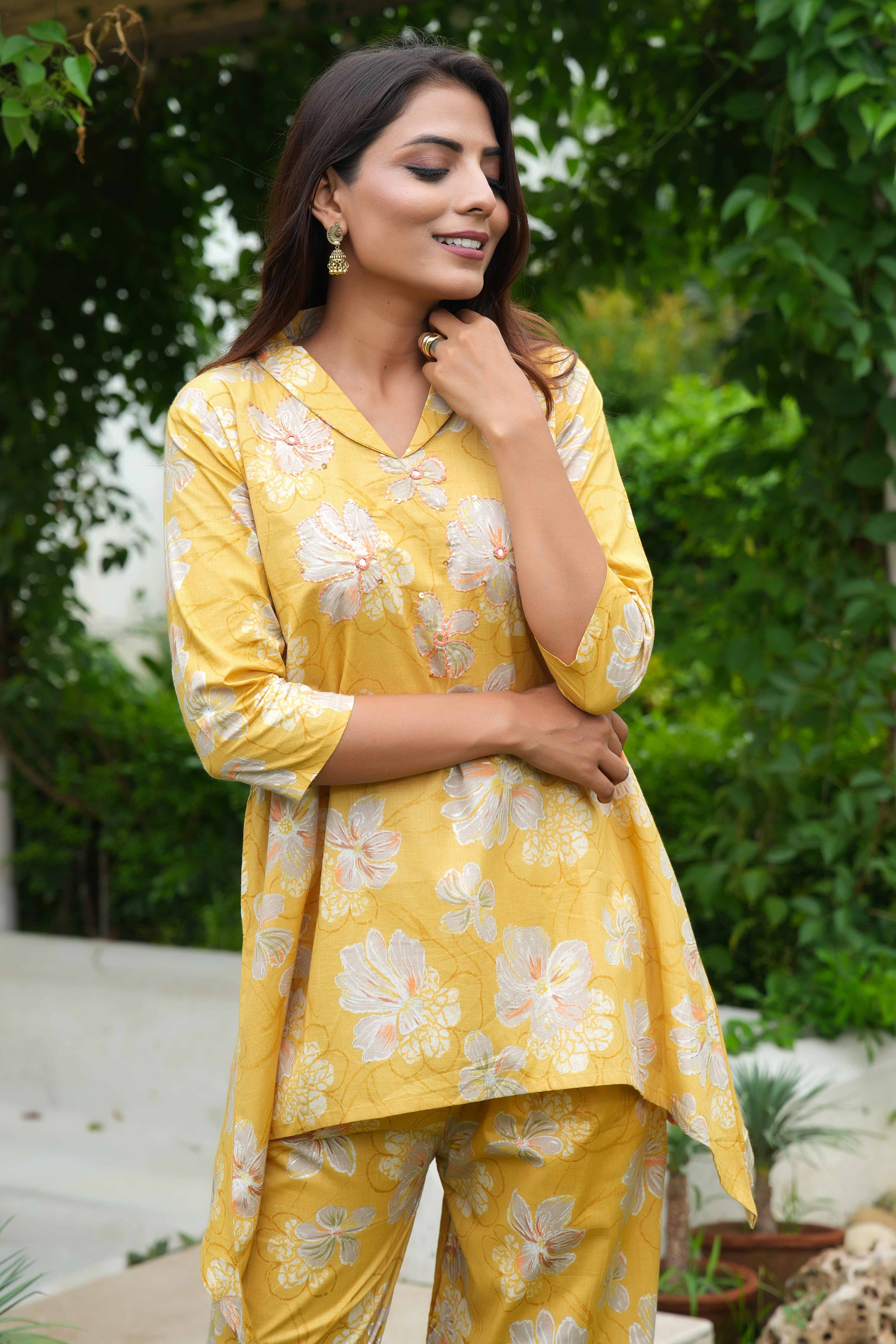 Yellow Co-Ord Set in Pure Cotton with Floral Print & Hand Embroidery