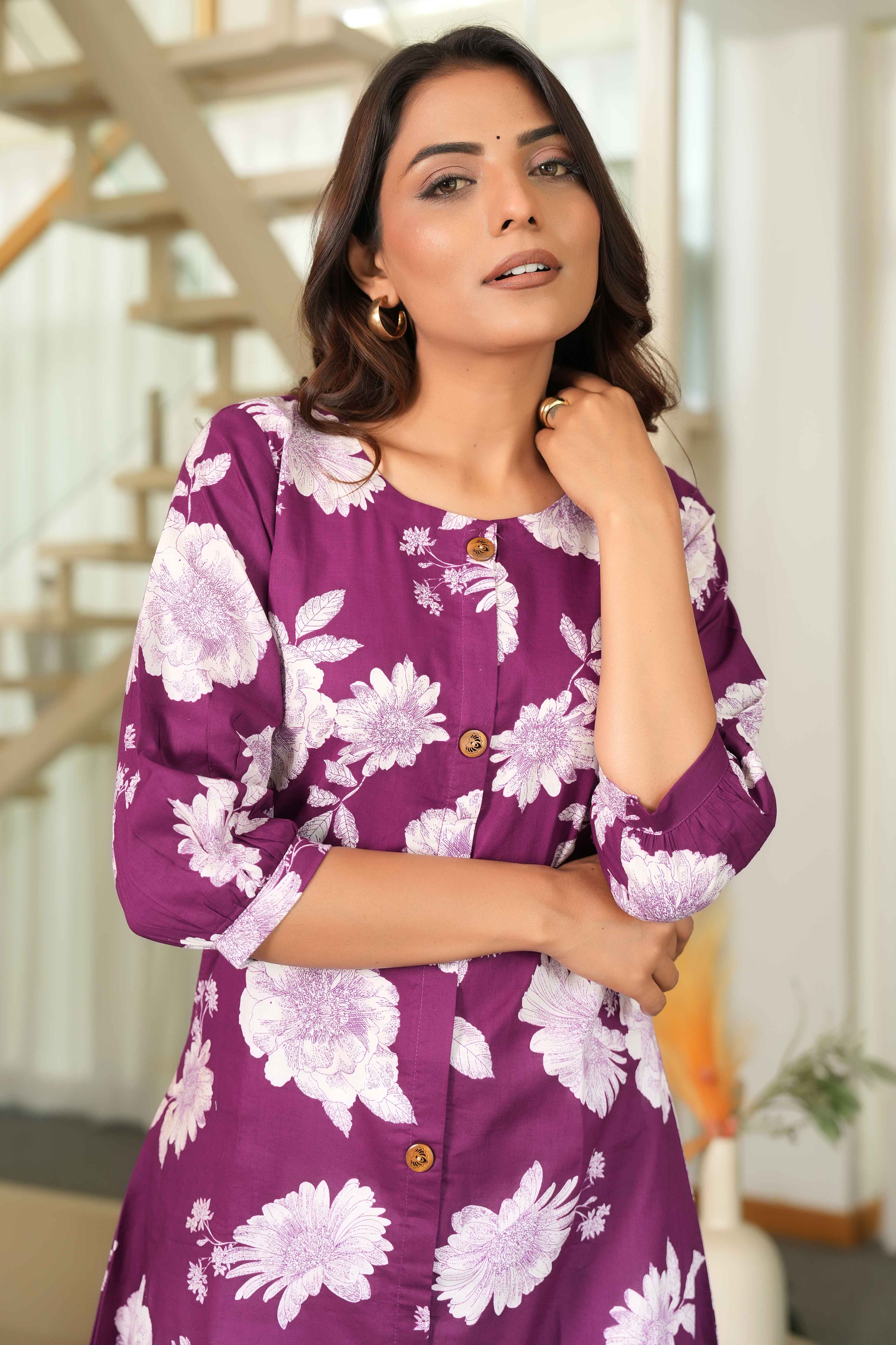 Purple Printed Cotton Kurti in Flattering A-Line Fit