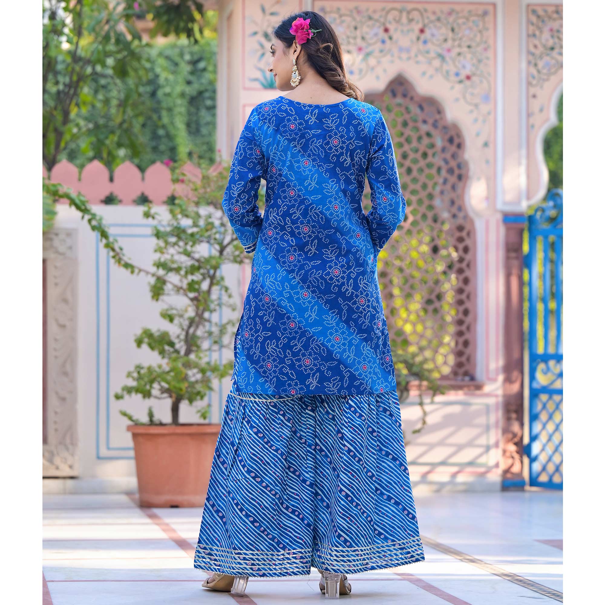 Blue Bandhani Printed Pure Cotton Sharara Suit