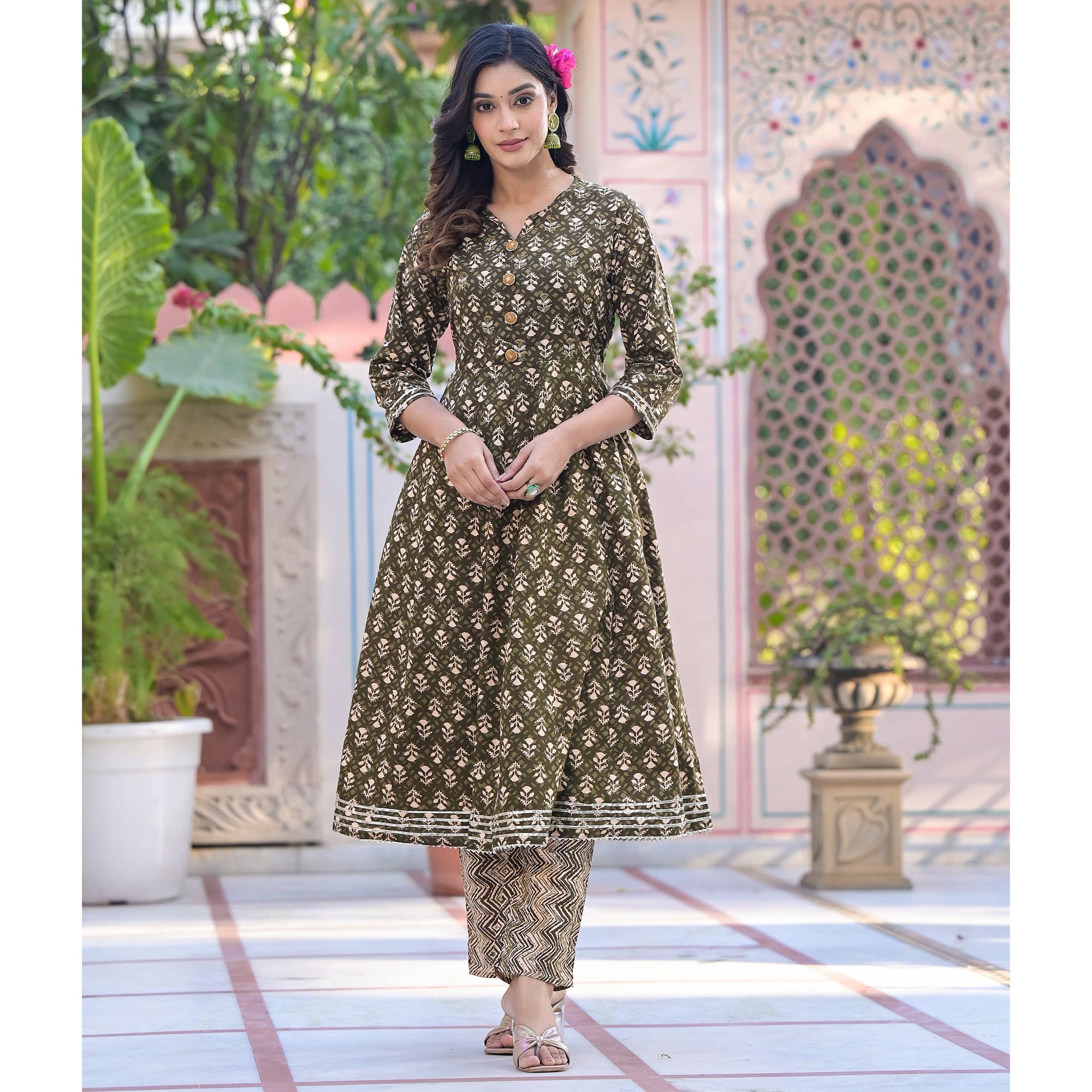 Green Floral Printed Pure Cotton Anarkali Salwar Suit