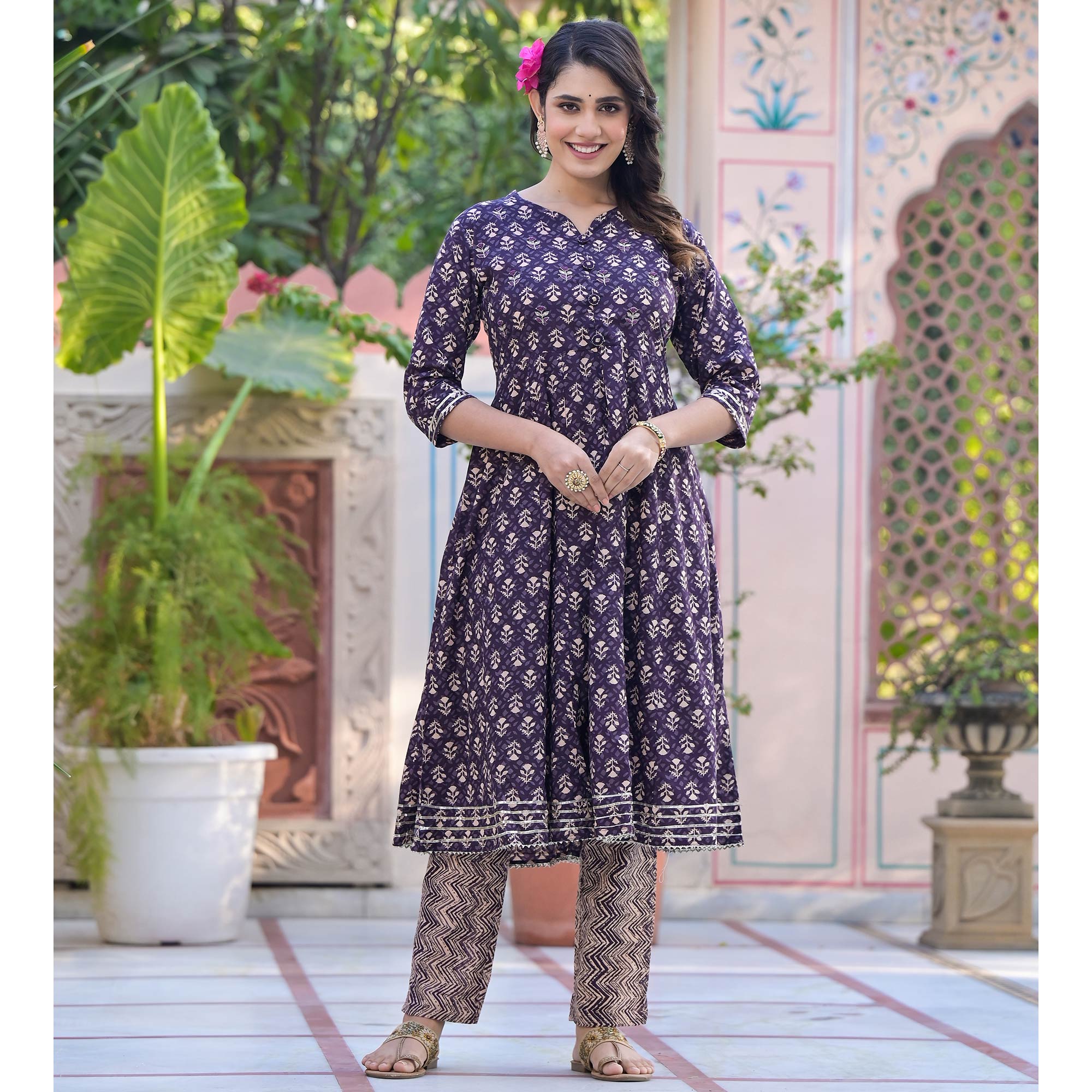 Purple Floral Printed Pure Cotton Anarkali Salwar Suit