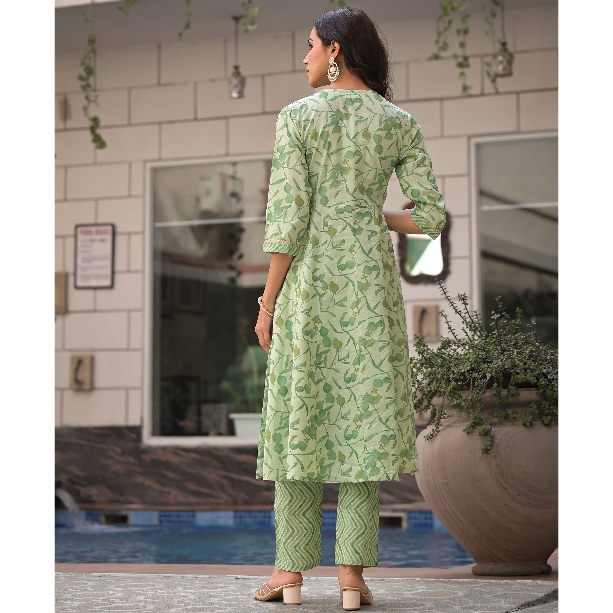 Pista Green Printed Pure Cotton A-Line Salwar Suit