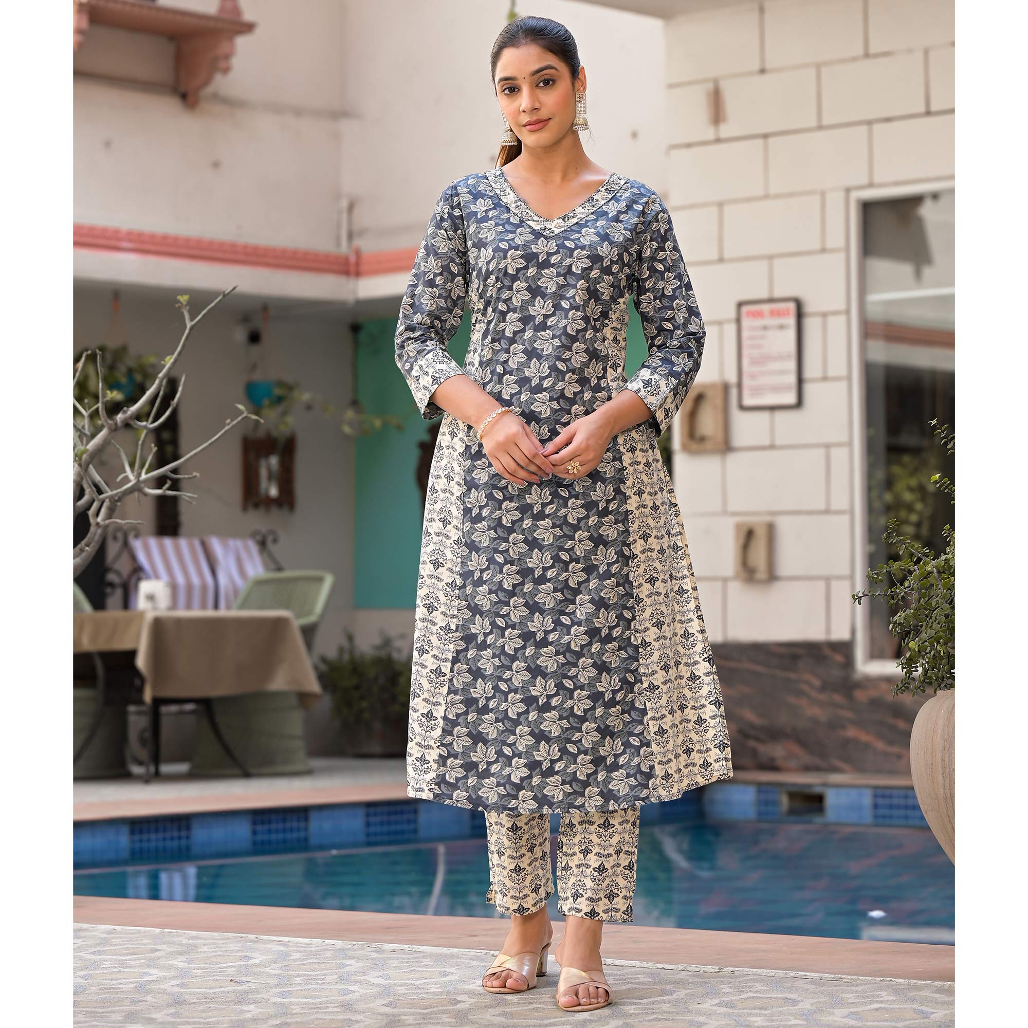 Blue Floral Printed Pure Cotton Salwar Suit