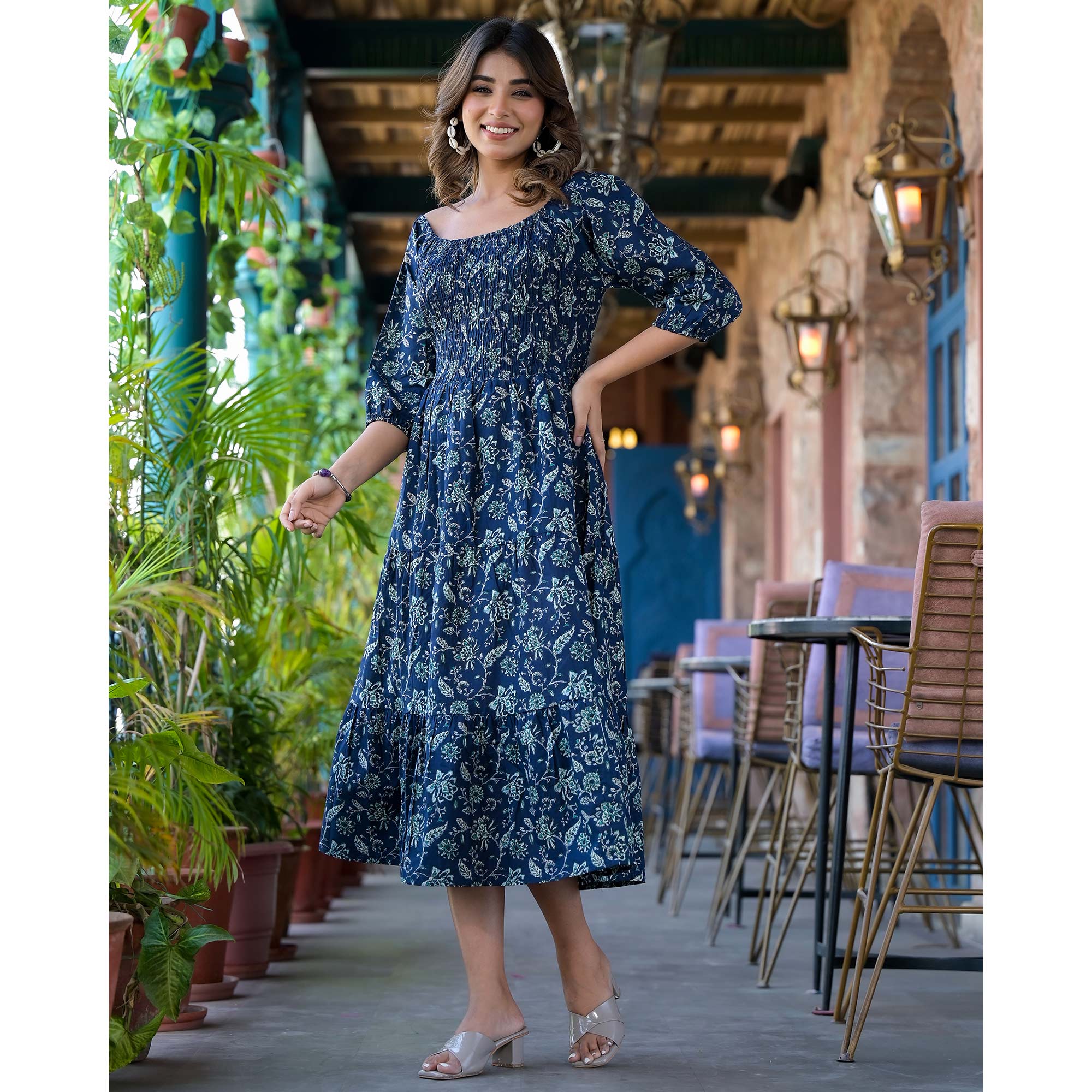 Navy Blue Floral Printed Pure Cotton Maxi Dress