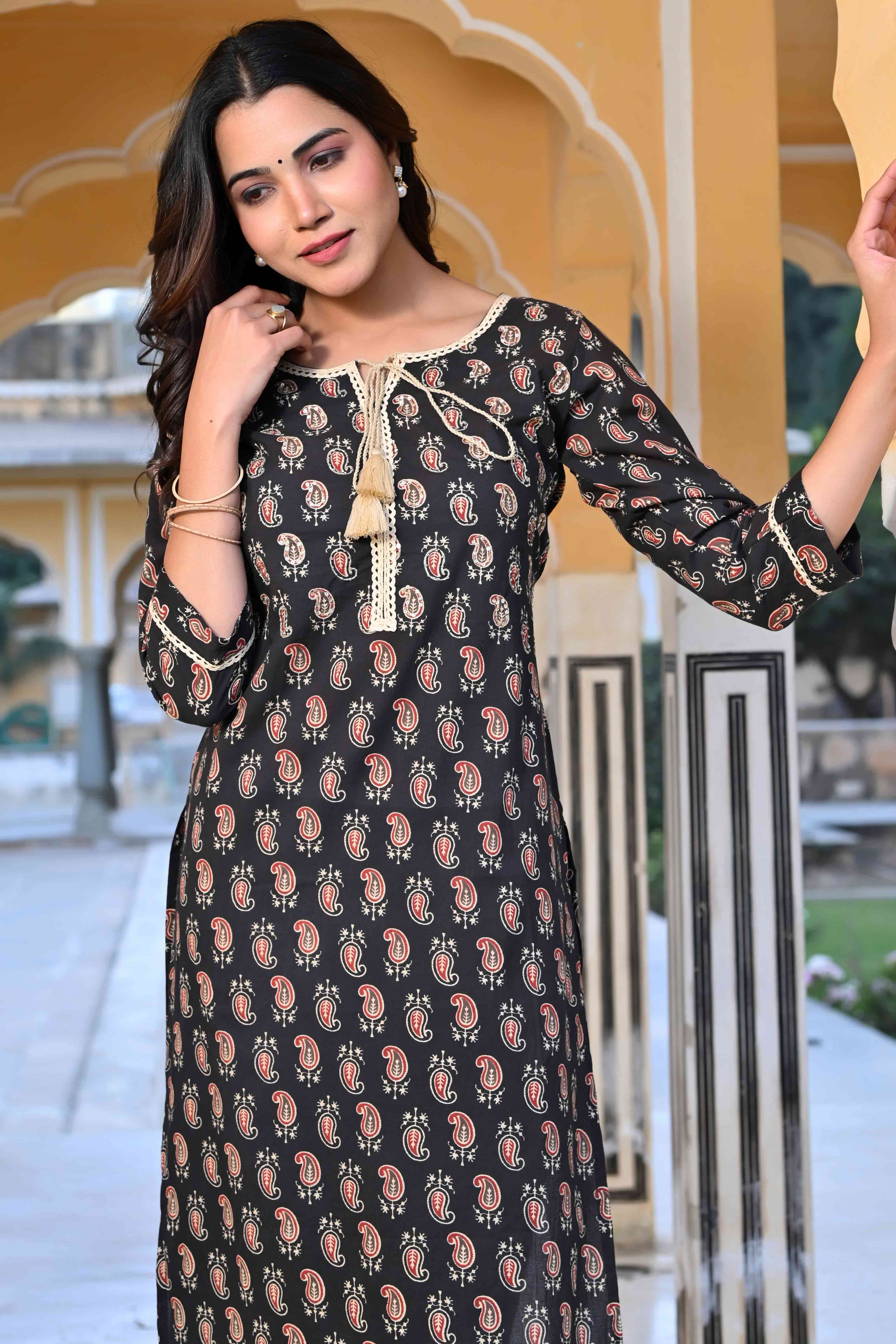 Black Paisley Printed Pure Cotton Straight Kurti