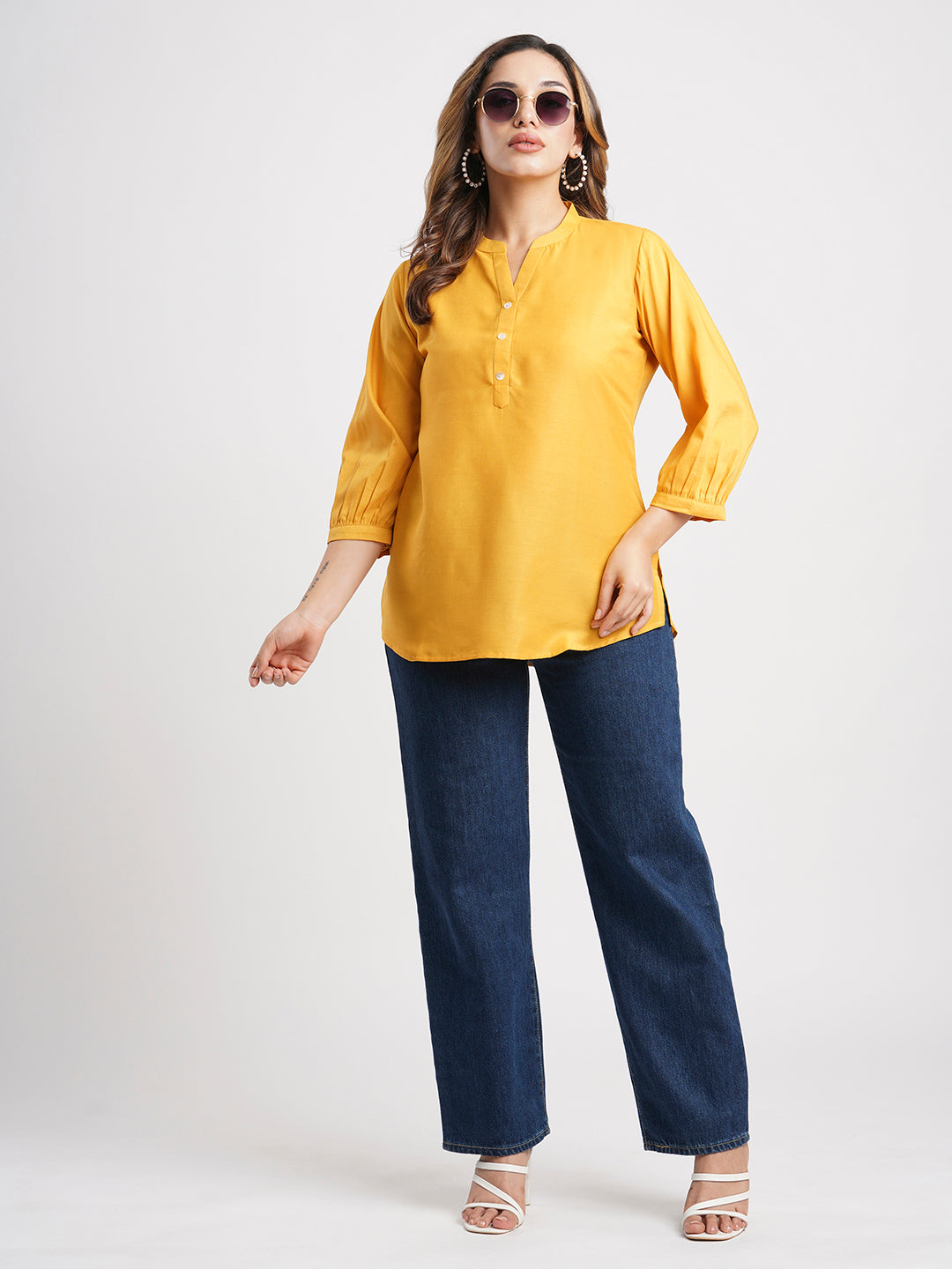 Mustard Solid Poly Chinon Straight Top