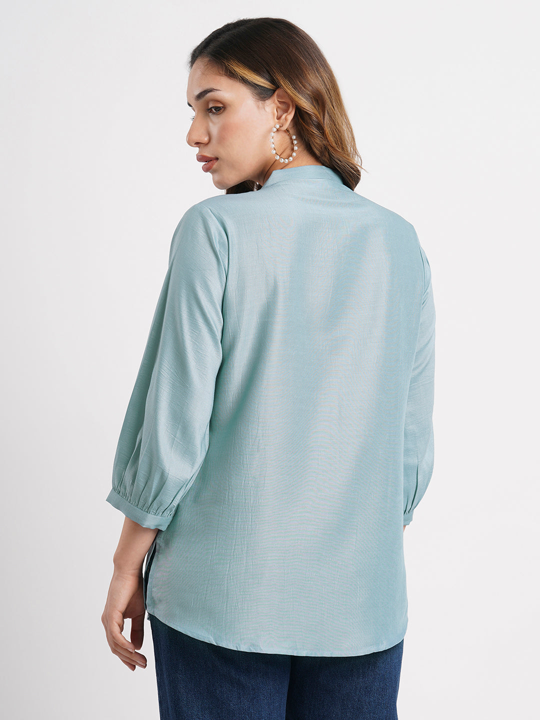 Sky Blue Solid Poly Chinon Straight Top