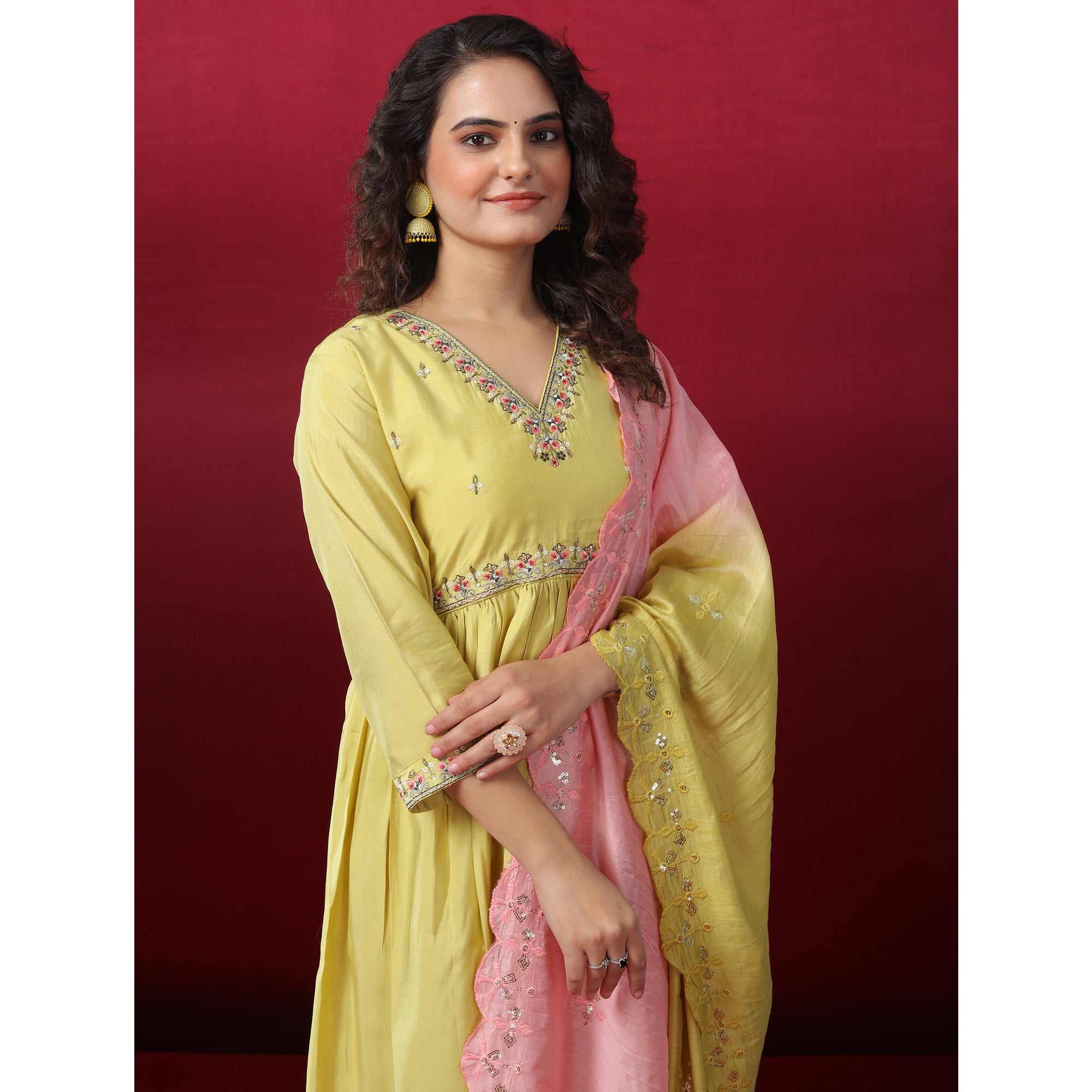 Lemon Green Floral Embroidered Pure Silk Anarkali Suit