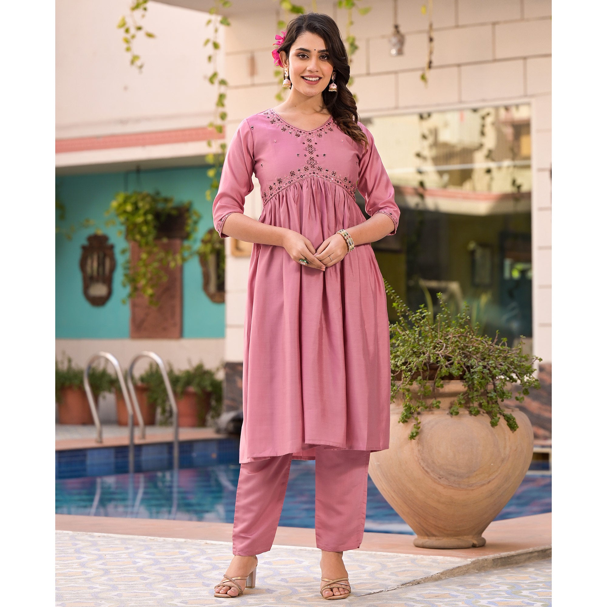 Pink Embroidered Viscose Salwar Suit