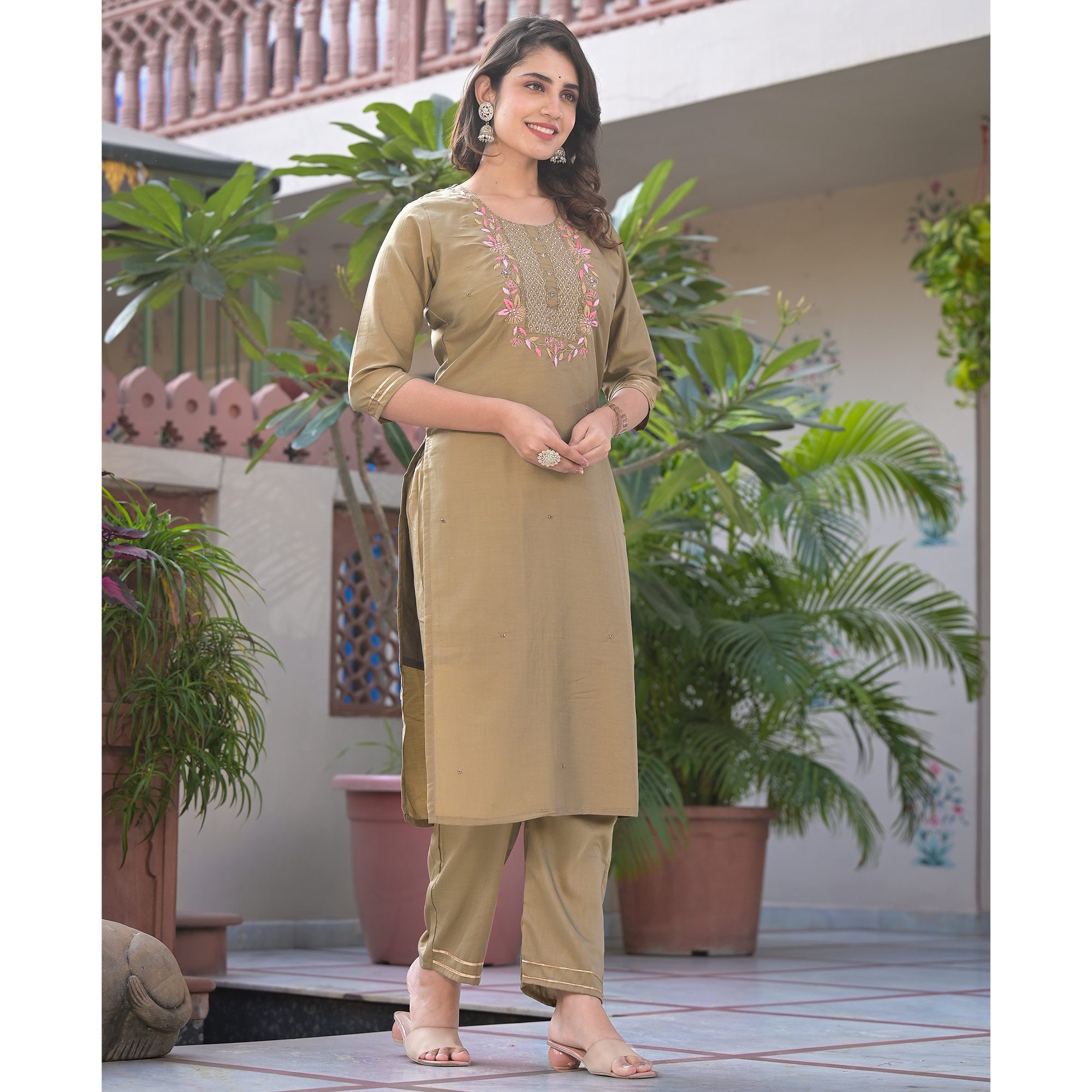 Chikoo Embroidered Chinon Salwar Suit With Handwork