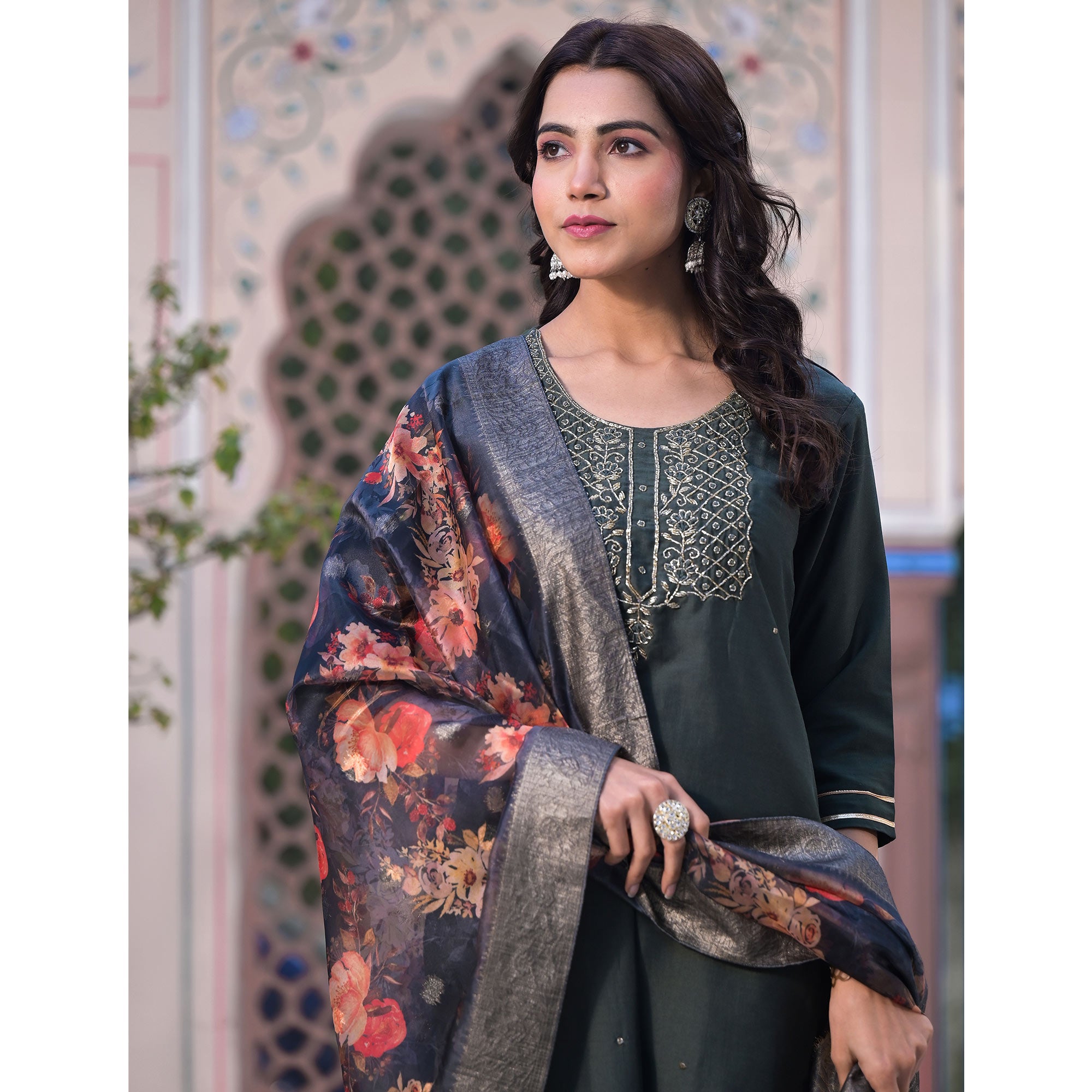 Grey Embroidered Dola Silk Straight Cut Salwar Suit