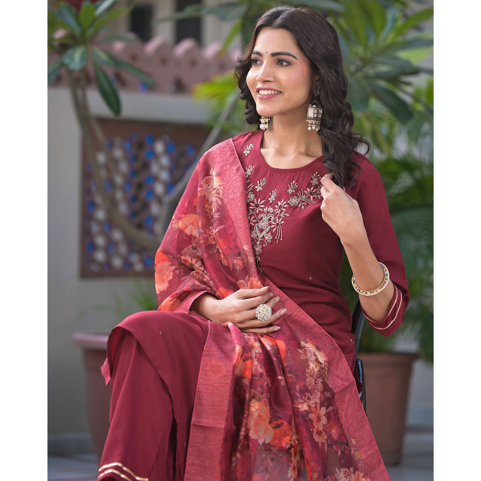 Maroon Embroidered Dola Silk Straight Cut Salwar Suit