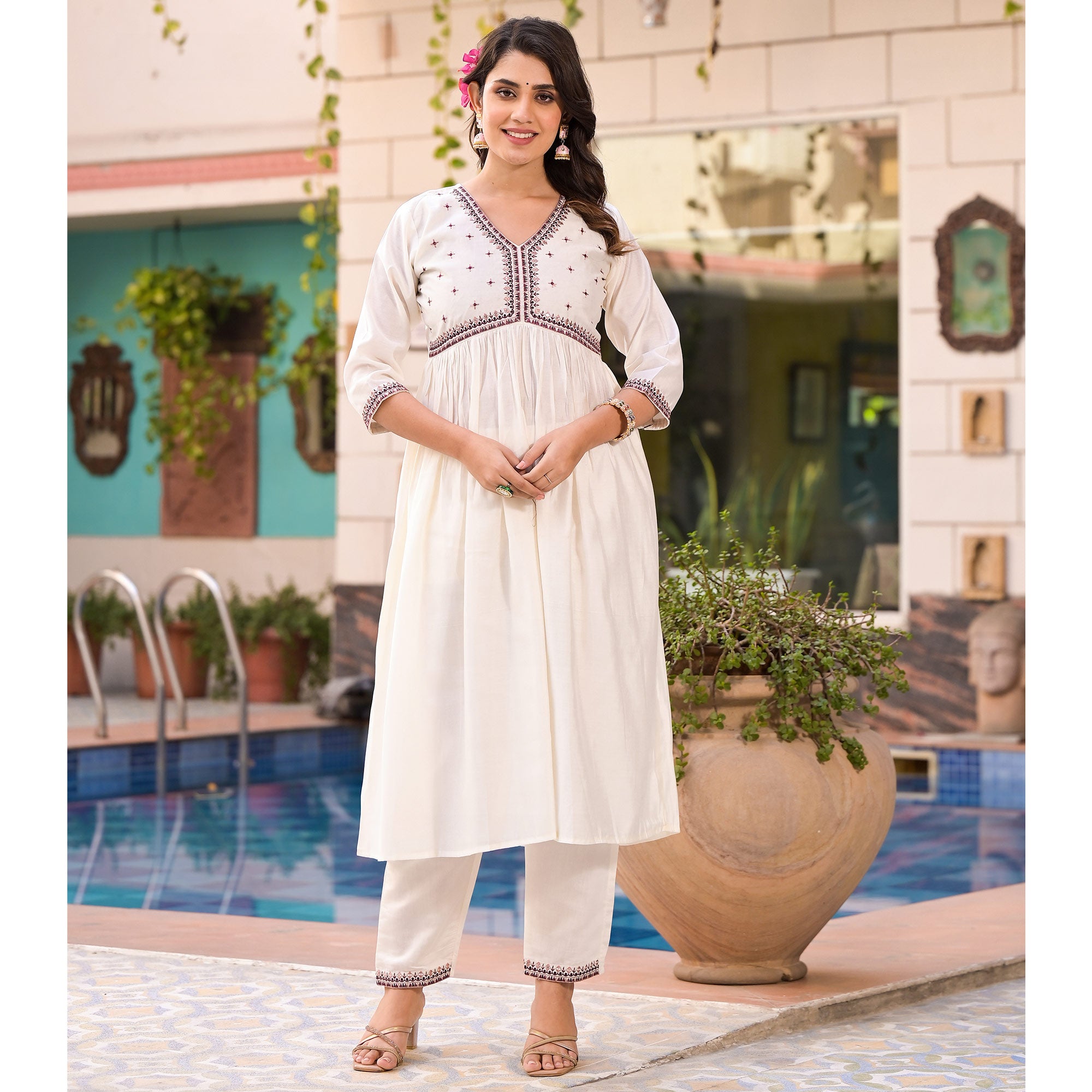 White Embroidered Pure Silk Alia Cut Salwar Suit