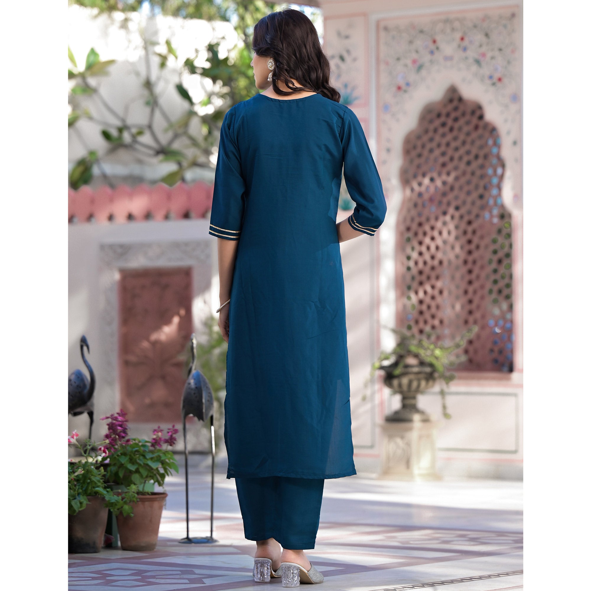 Blue Embroidered Pure Silk Straight Salwar Suit