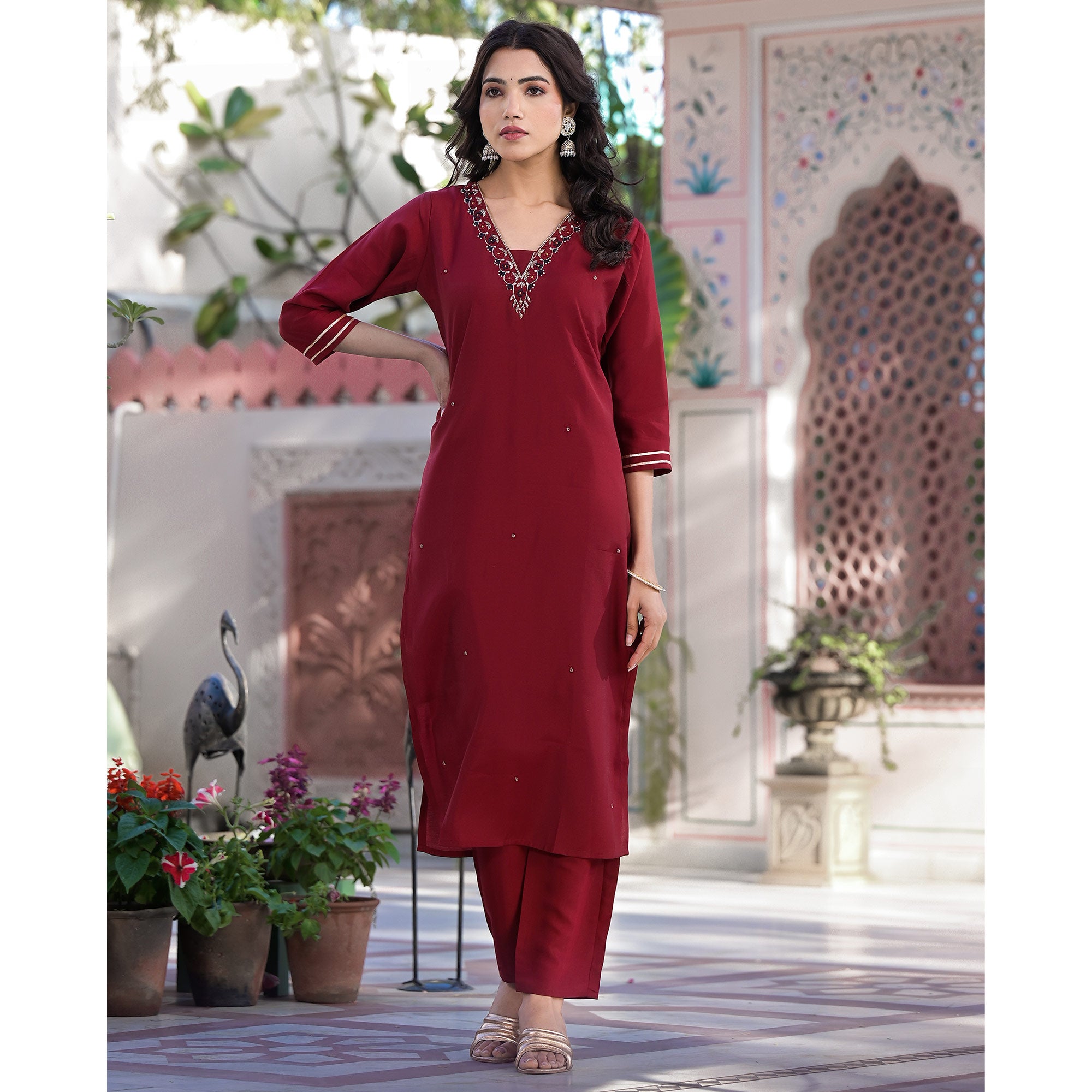 Maroon Embroidered Pure Silk Straight Salwar Suit