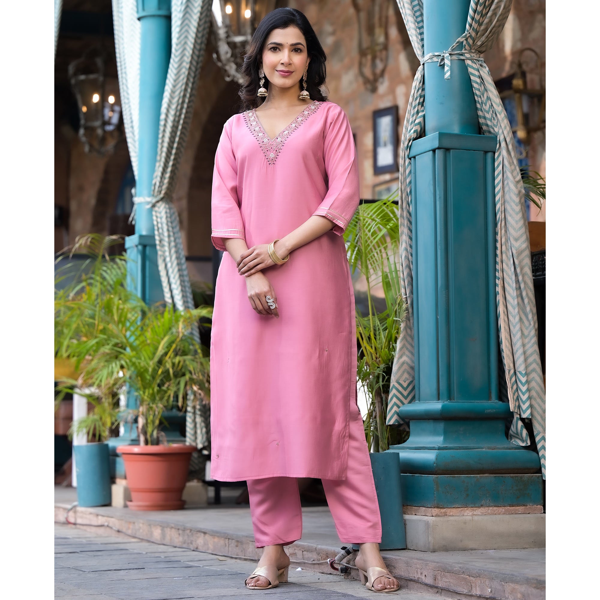 Pink Embroidered Pure Silk Salwar Suit With Handcrafted