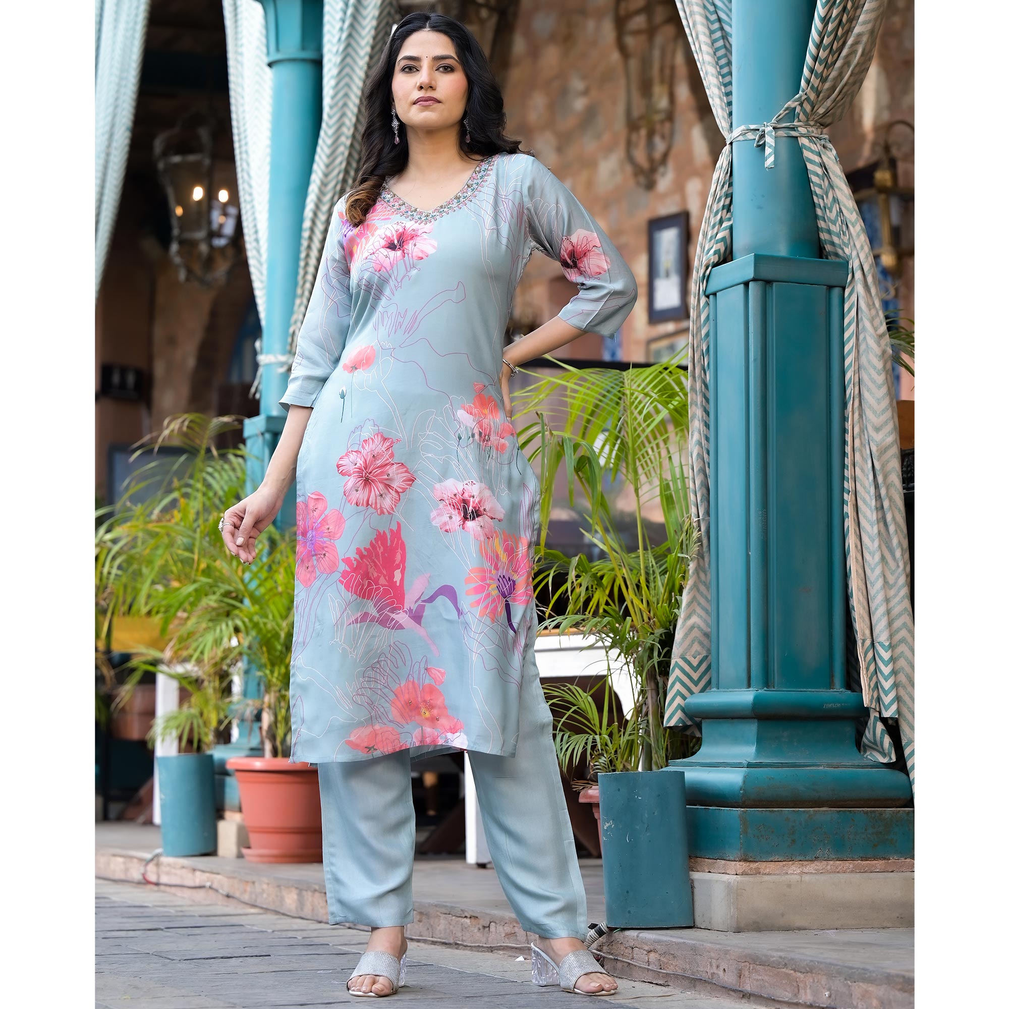 Country Blue Floral Printed Viscose Salwar Suit With Beads Work