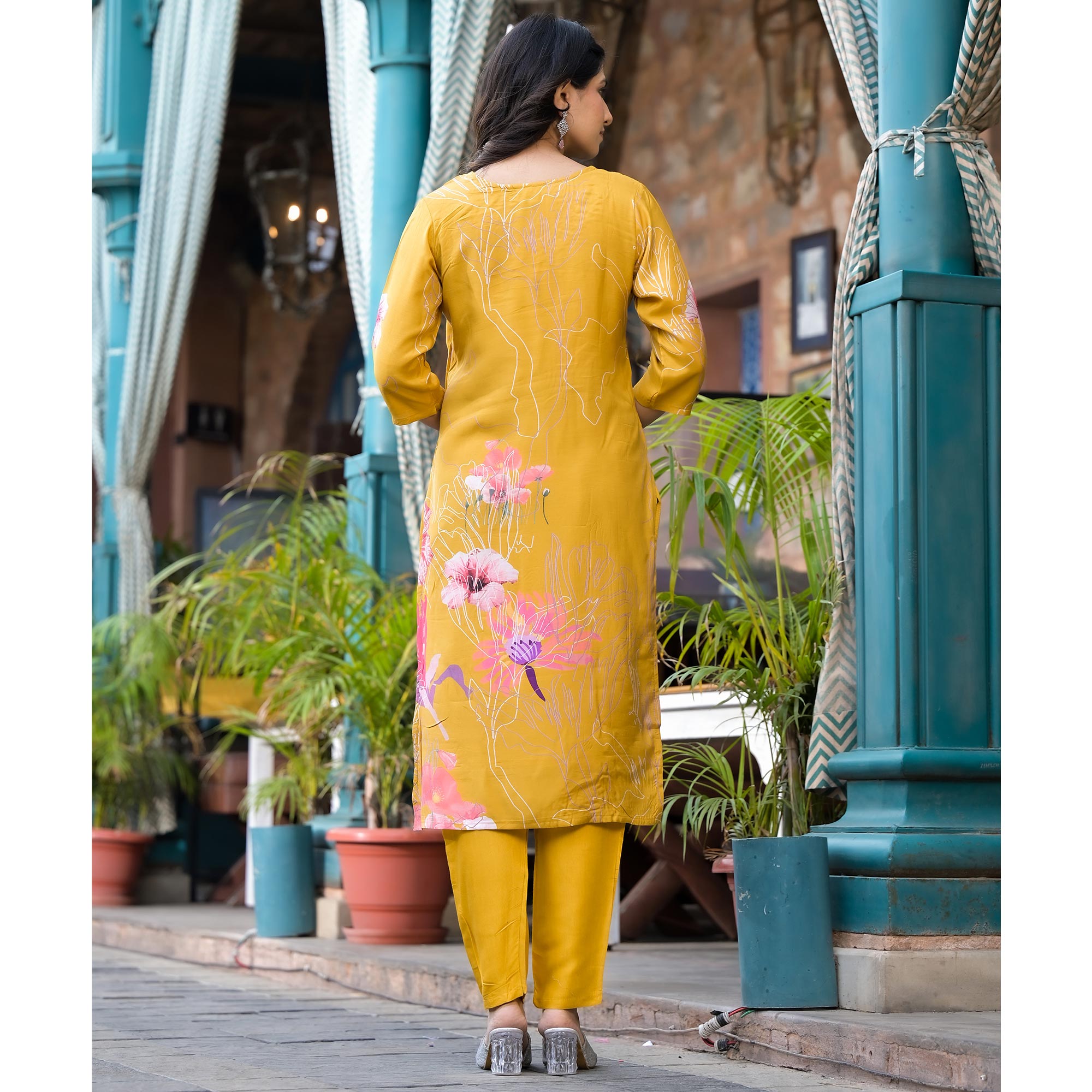 Mustard Floral Printed Viscose Salwar Suit With Beads Work