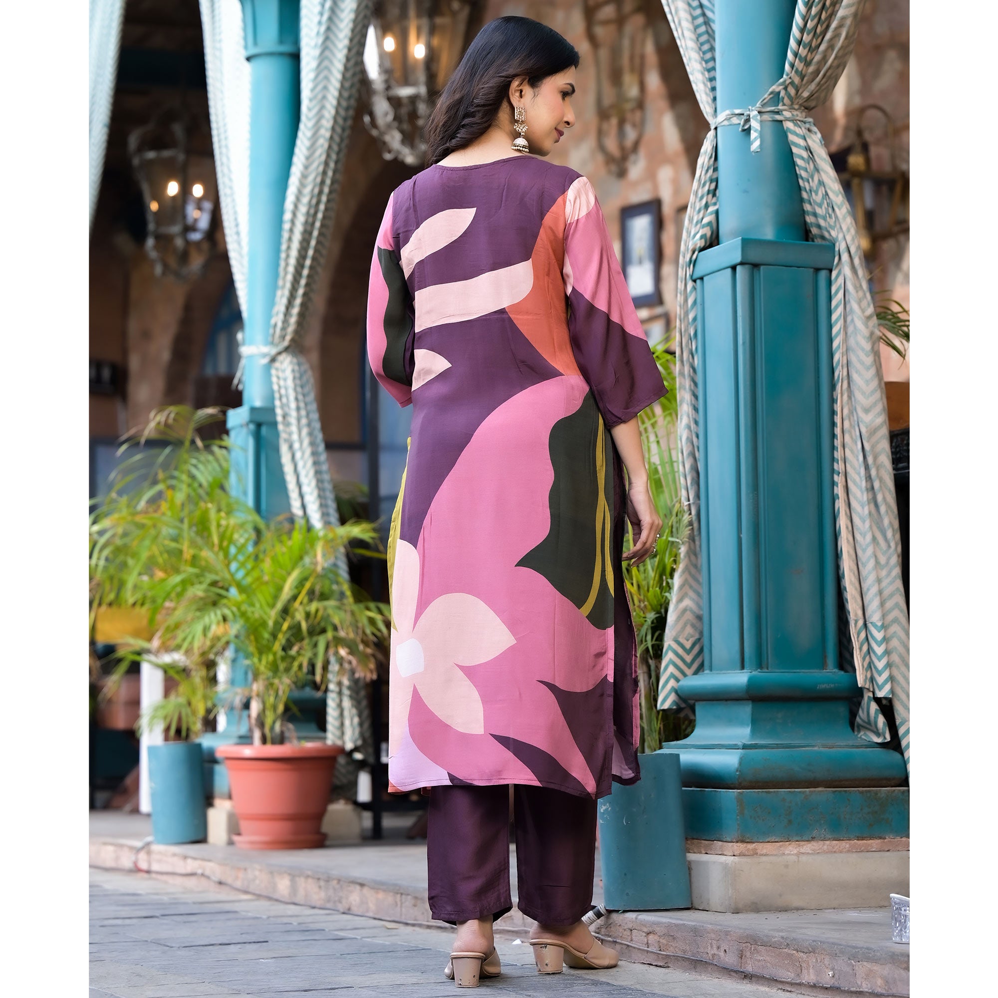 Purple Floral Printed Viscose Salwar Suit With Beads Work