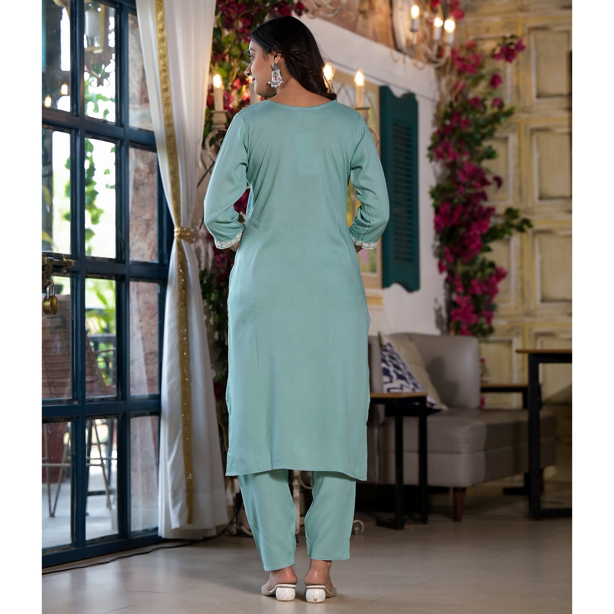 Sky Blue Lucknowi Embroidered Rayon Salwar Suit