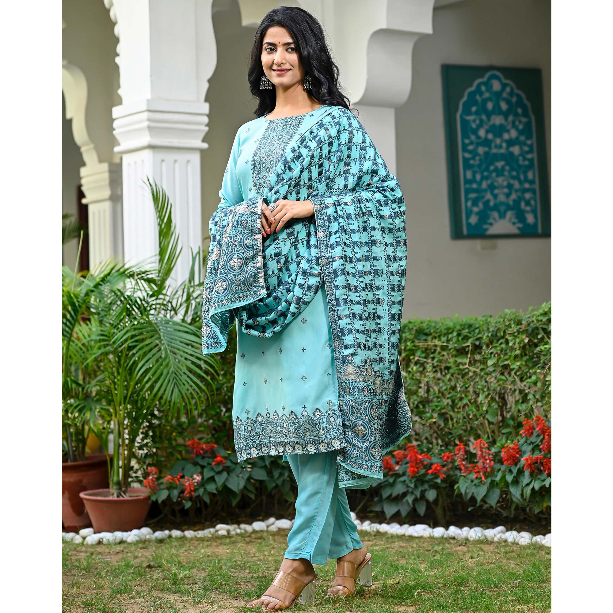 Turquoise Floral Woven Viscose Salwar Suit